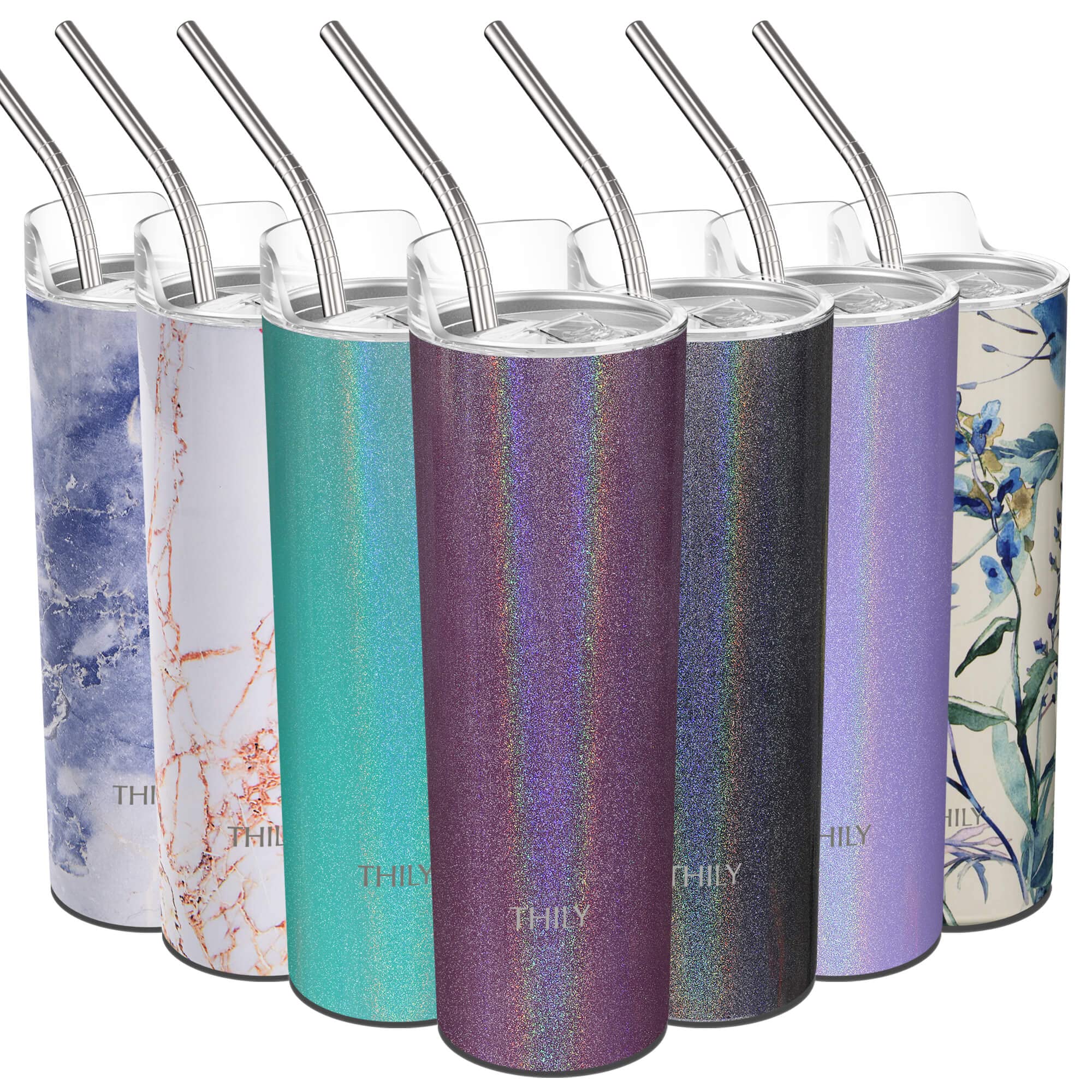 THILY Stainless Steel Insulated Skinny Tumbler 22 oz Travel Cup with Lid and Straw, Portable, Reusable, for Ice Coffee, Beer, Gifts for Women & Girl, Glitter Red-Brown