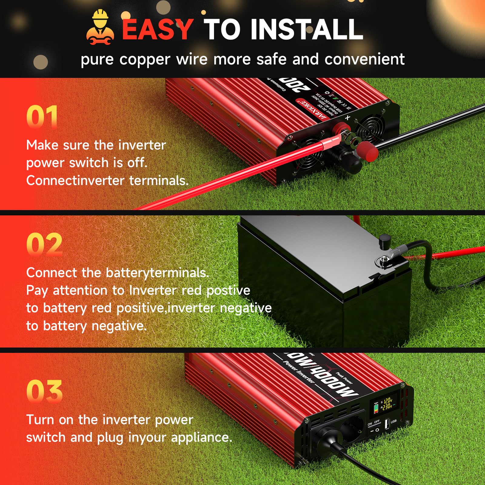 Przetwornica napięcia 2000 W, DC 12 V na AC 230 V, 2 gniazda AC i port USB, przetwornik prądu z wyświetlaczem LCD, do samochodów osobowych, przyczep kempingowych, ciężarówek