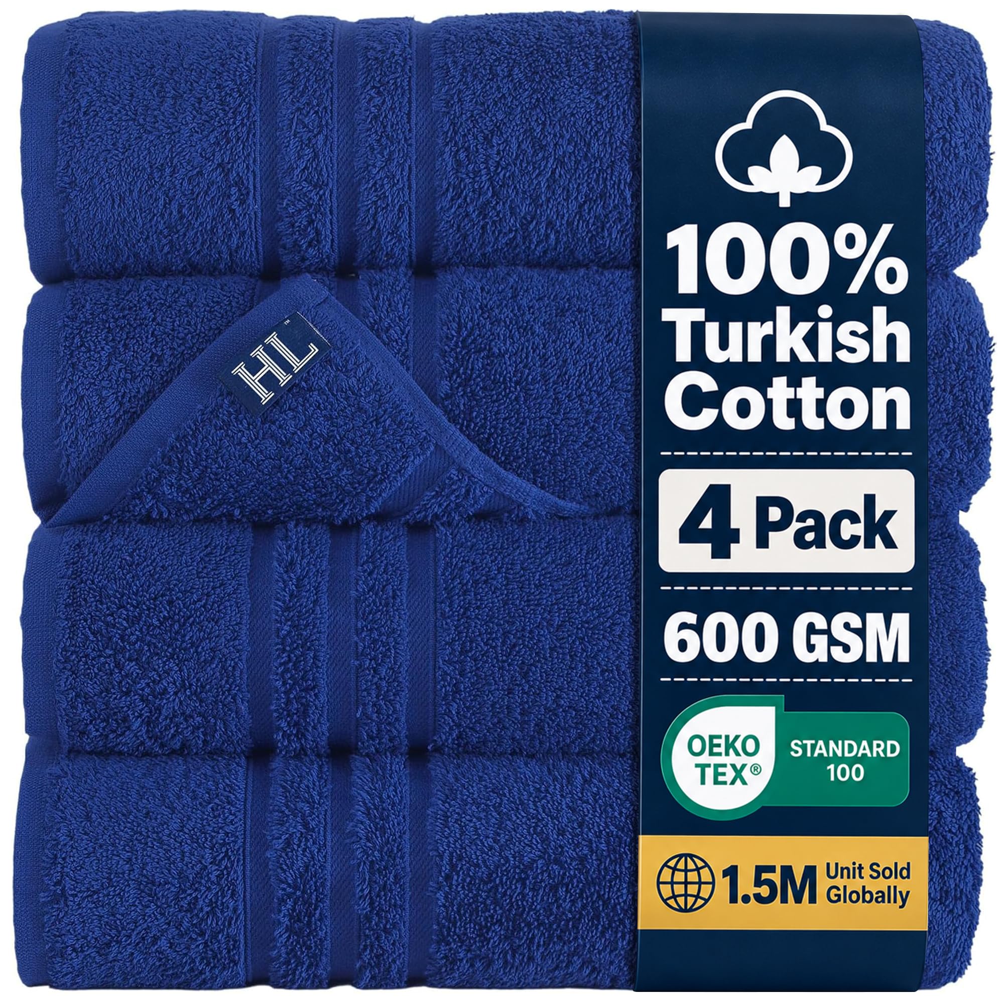 Hawmam Bath Linen Towels Large, Turkish Cotton, 4 Pack, Royal Blue