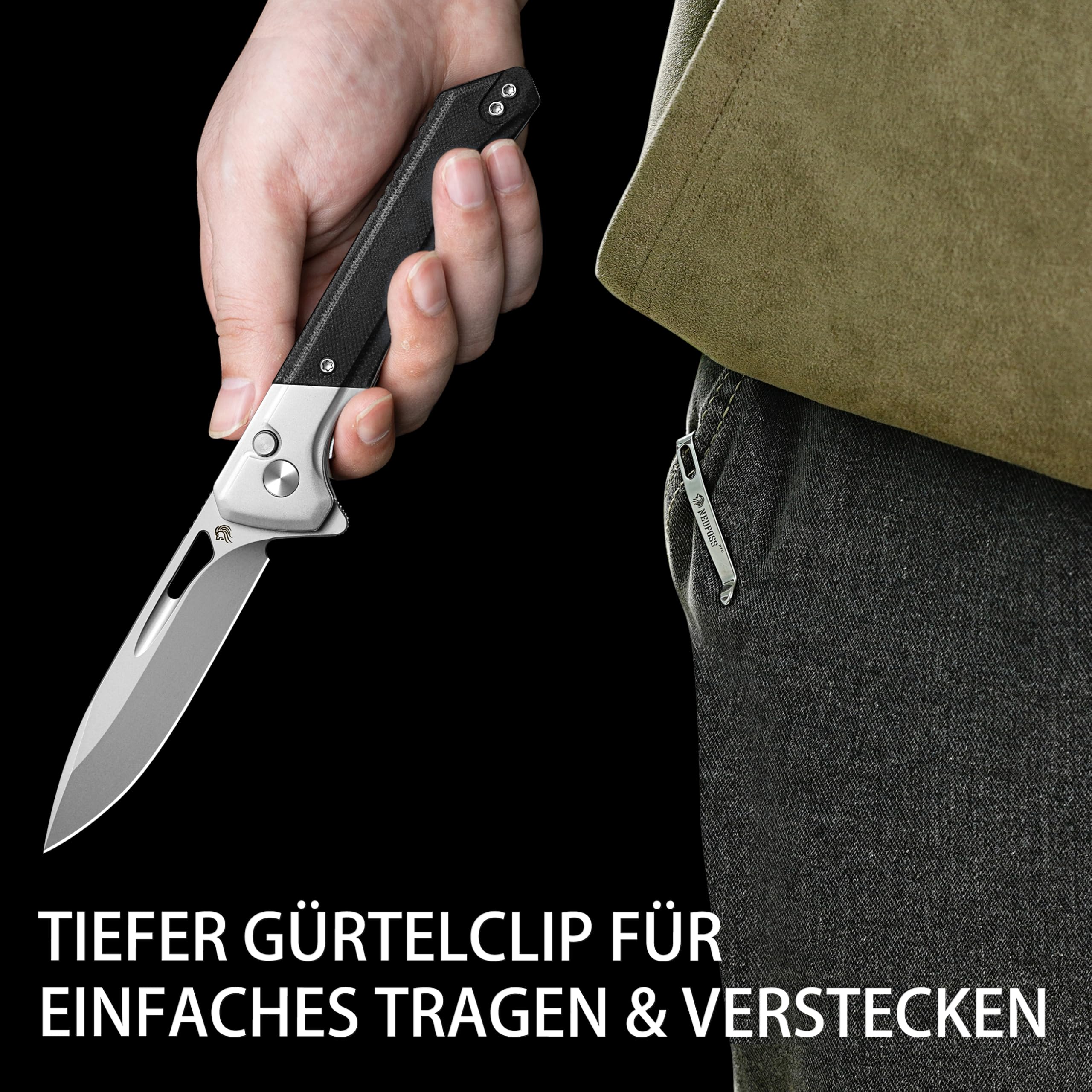 NedFoss ELF II Klappmesser, 14C28N Stahl Taschenmesser mit Button-Lock