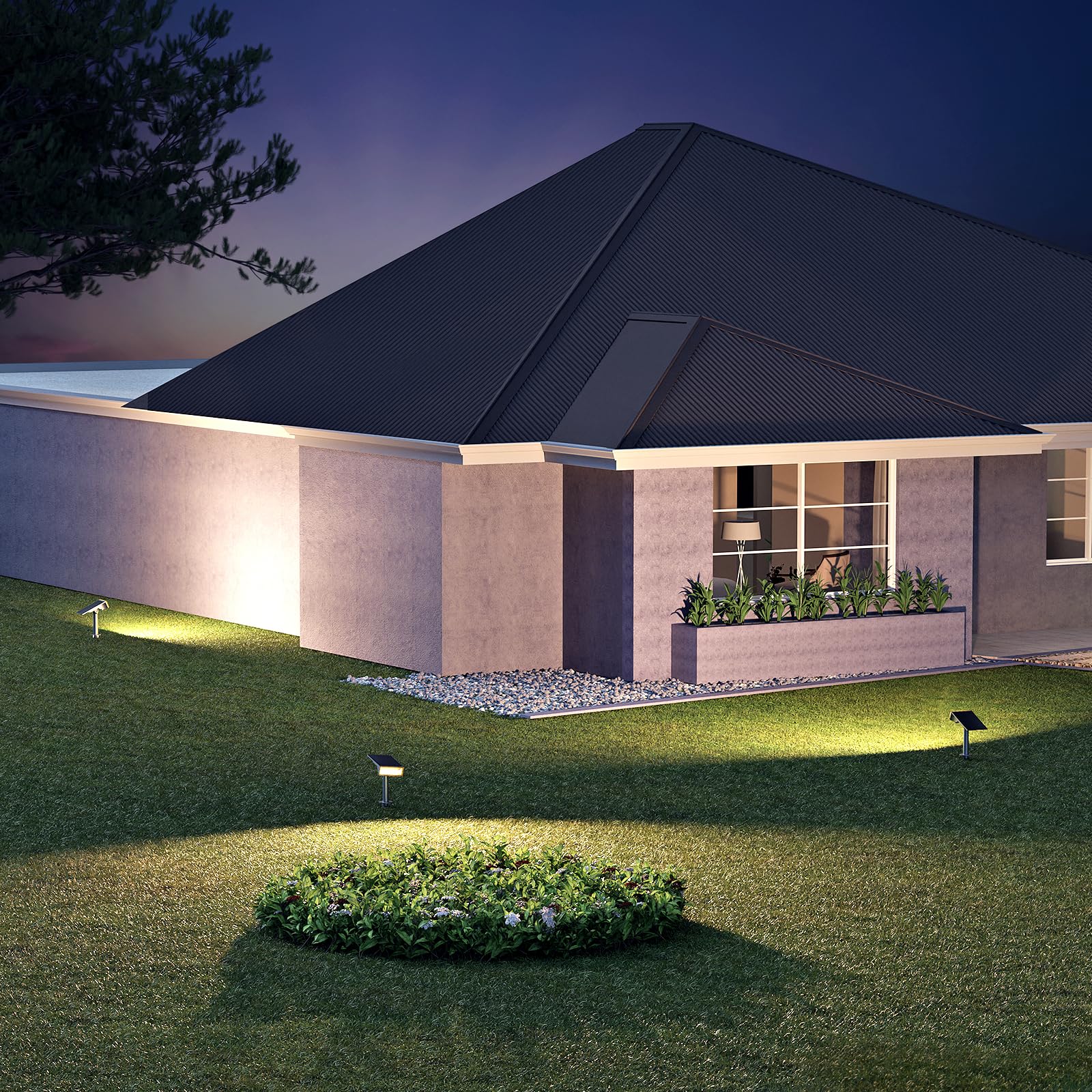 Consciot Luces solares para exteriores, focos solares de luz diurna de 6500 K, iluminación de paisaje impermeable para patio, jardín, árbol, camino, casa, patio, decoración al aire libre, paquete de 4 | Iluminación de paisaje para patio, jardín, árbol, ca