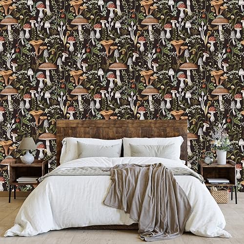 Miniatura 2 de HAOKHOME Papel tapiz autoadhesivo con diseño de hongos bohemios, extraíble, para baño, color negro, marrón, verde, 17.7 pulgadas x 6.6 pies