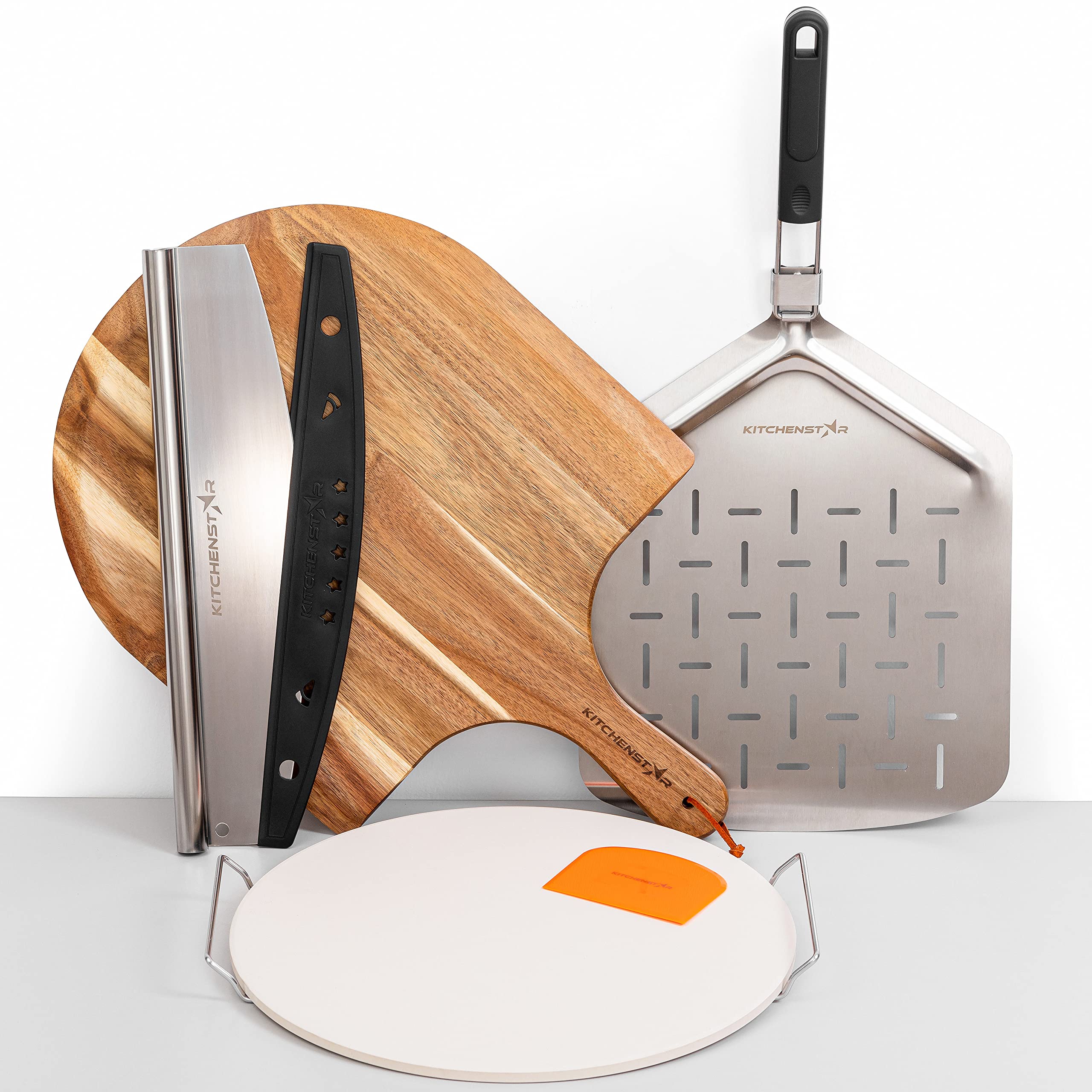KitchenStar Pizza Cutter Rocker 18 inch + Pizza Paddle with Folding Handle (13 x 16.5") + Acacia Wood Pizza Peel 16" + Pizza Stone for Oven and Grill 16" - Pizza Making Set Bundle