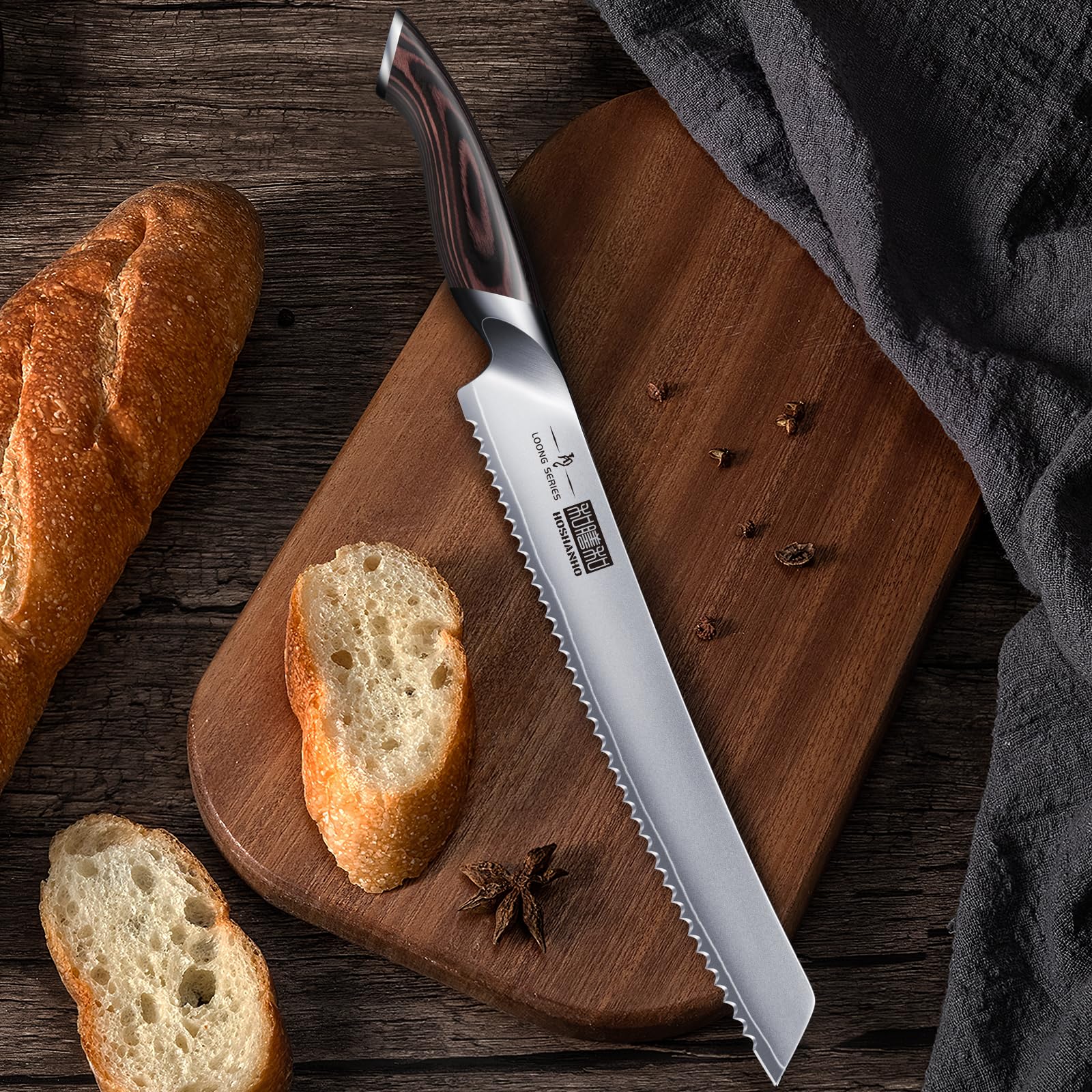 HOSHANHO Brotmesser, 25cm Gestochen Scharf Brotmesser mit Wellenschliff aus Hochgekohltem Edelstahl, Professional Bread Knife für Brot, Bagels, Kuchen