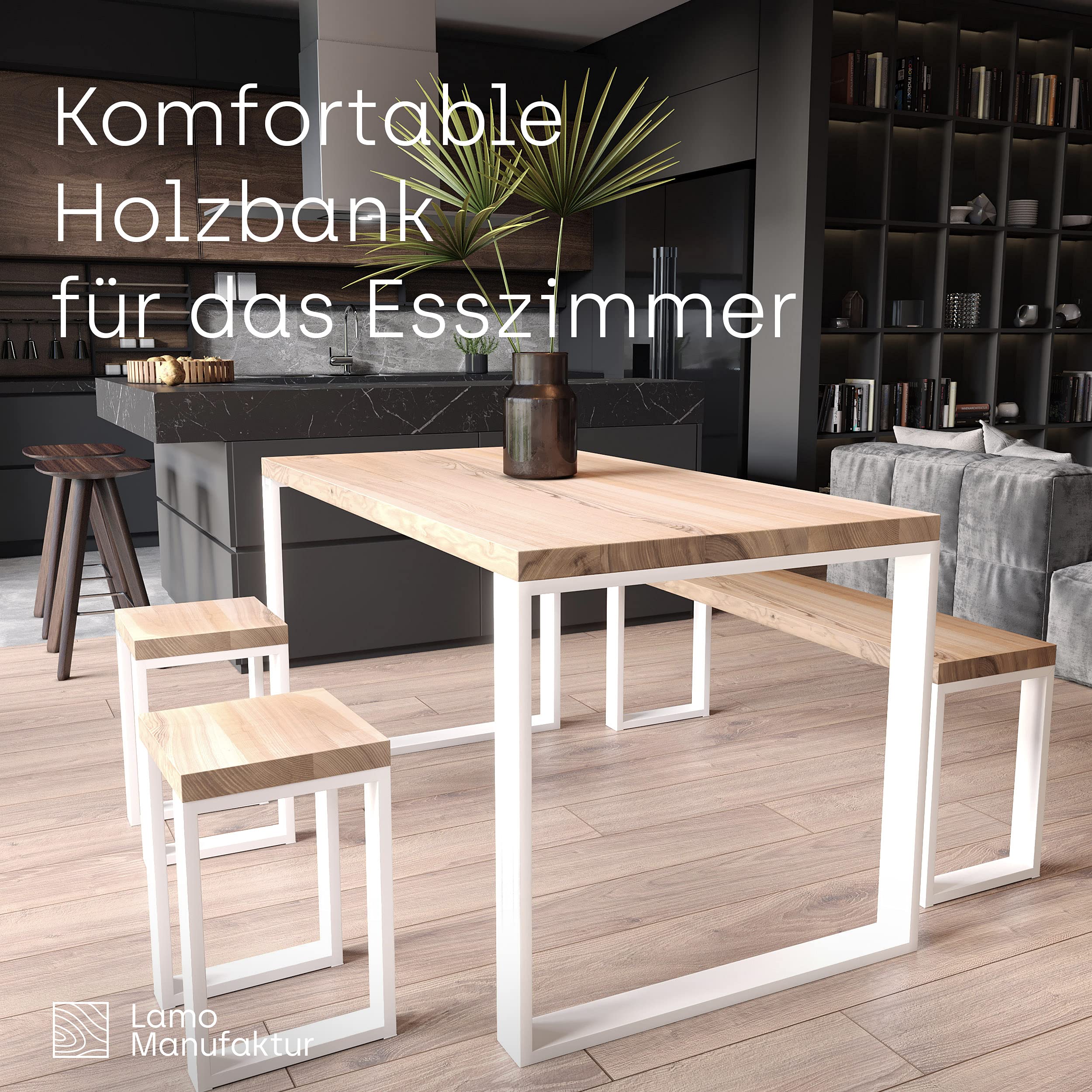 LAMO Manufaktur Banc de Salle à Manger 30x60x47 cm (l x L x h), Pied en métal modèle Simple Blanc/Assise en Bois Couleur Naturel, LSB-01-A-002-60-9016S