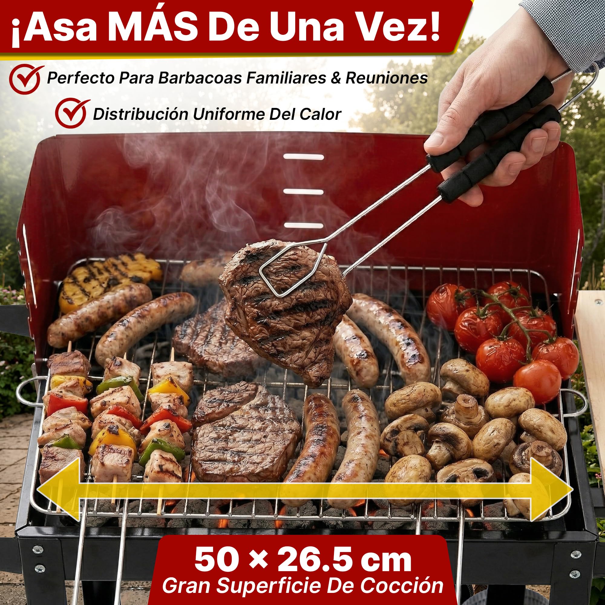 Five-Star Grill&Chill Barbacoa Carbon con Ruedas - para Jardín Exterior BBQ con Soportes Facil Movimiento, Estantes de Madera Plegable para Almacenar Comidas, parrilla cromada 50 × 26,5 cm, GC0010