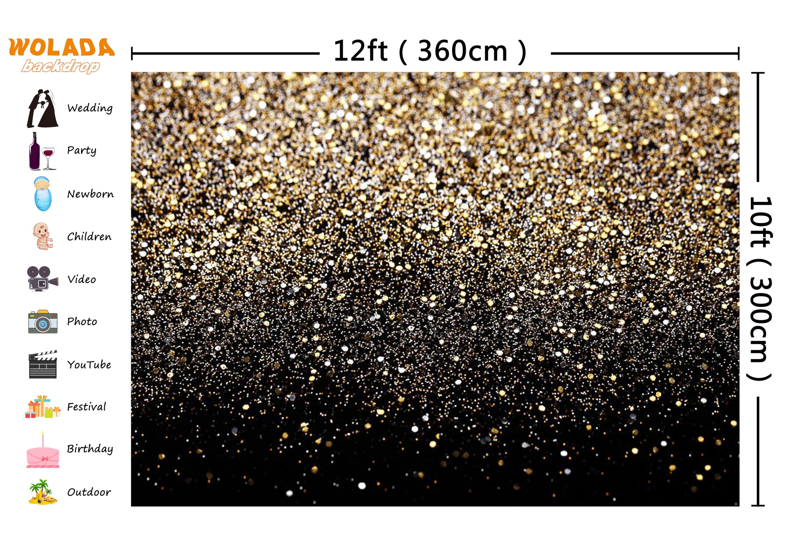 11176 - Sfondo dorato con glitter a pois dorati, sfondo bokeh, sfondo nero e oro, sfondo per matrimoni, sfondo per feste, in vinile, 11176