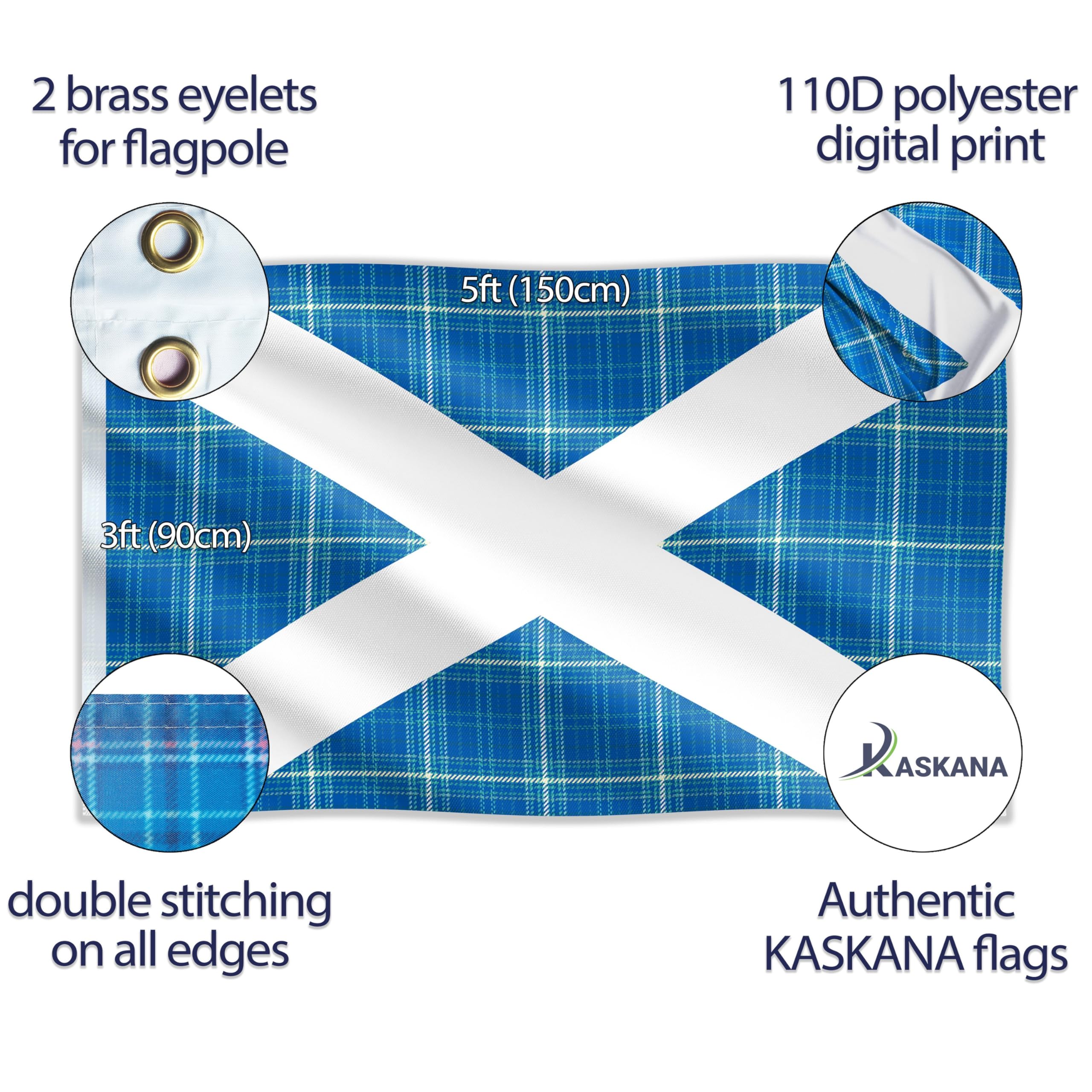 KASKANA Scottish Flag Tartan, St Andrews Saltire Flag, 5ft x 3ft, Blue, Double-sided, Lightweight, Polyester - Image 2