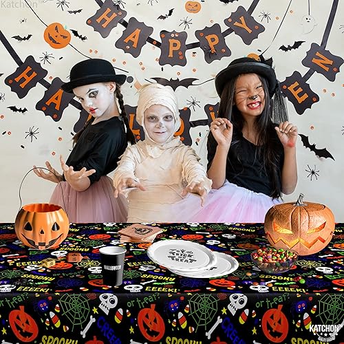Miniatura 5 de KatchOn, Mantel de plástico para Halloween  Grande 54 x 108 pulgadas, paquete de 2  Mantel de Halloween espeluznante para mesa de Halloween, mantel