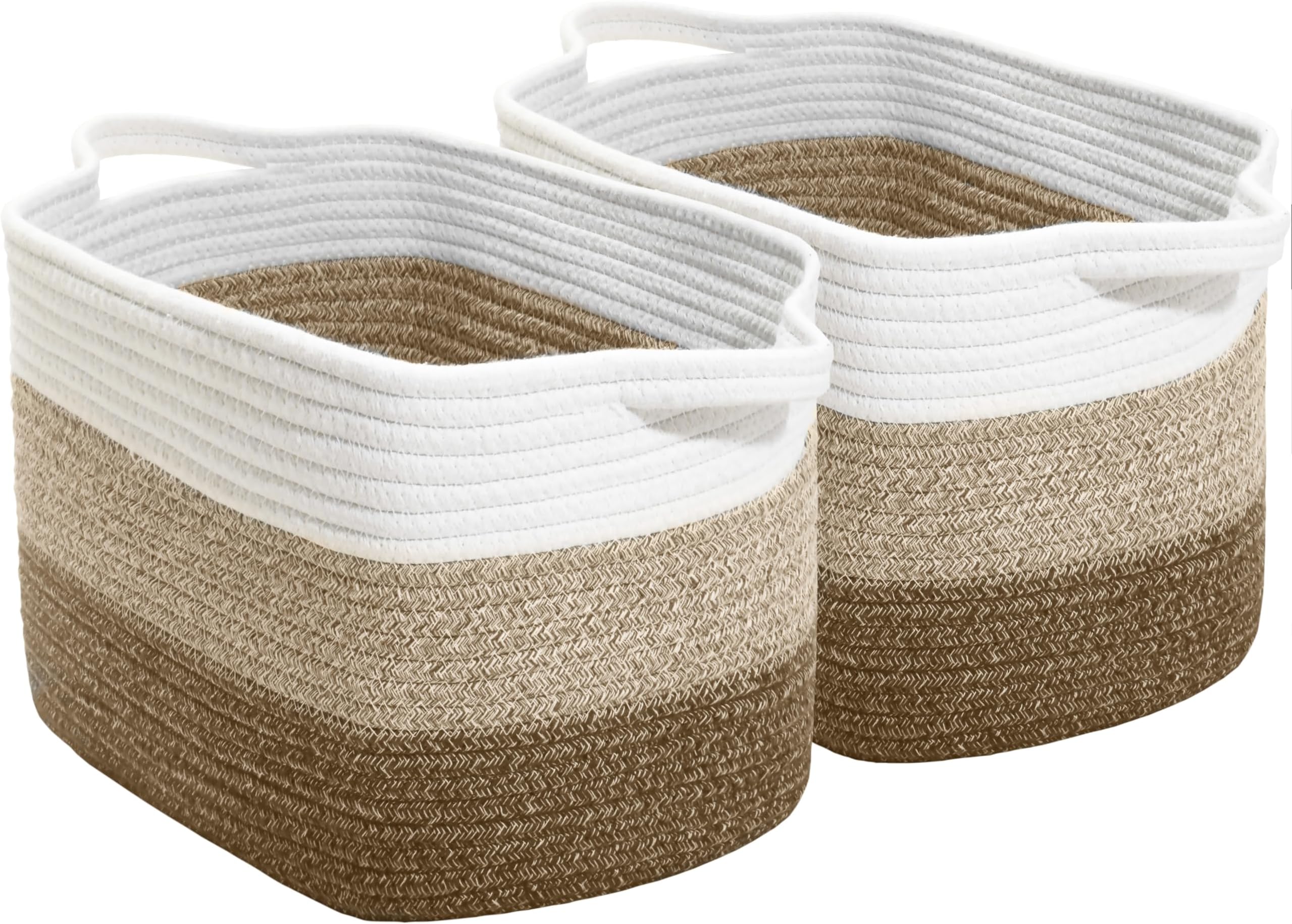 2 Pack Woven Rope Basket, Gift Baskets Empty, 15''X10''X9'' Storage Basket with Handles, Toy Basket Bins, Basket for Living Room, Bedroom, Laundry, Nursery, 3 Tone Brown.