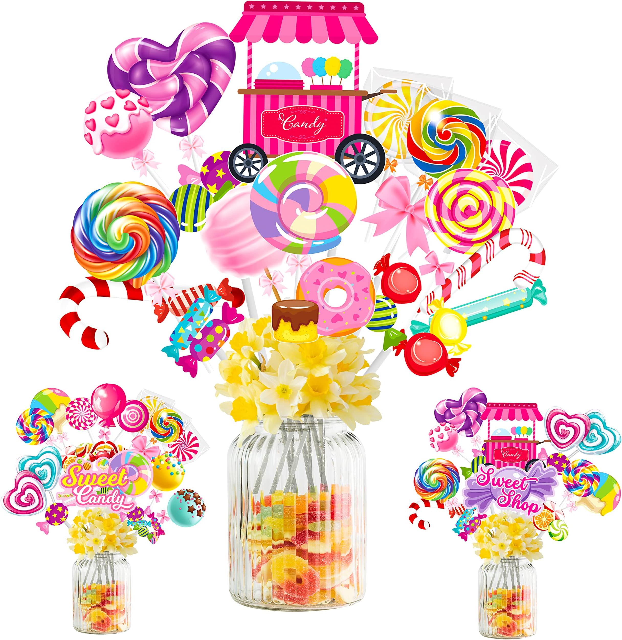 24Pcs Candyland Party Centerpieces Sticks Candyland Lollipop Table Toppers Sweet Candy Party Decorations for Candyland Theme Birthday Party Baby Shower Supplies