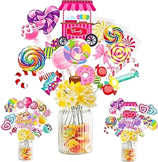 24pcs Candyland Party Centerpieces Sticks Candyland Lollipop Table Toppers Sweet Candy Party Decorations for Candyland Theme Birthday Party Baby Shower Supplies