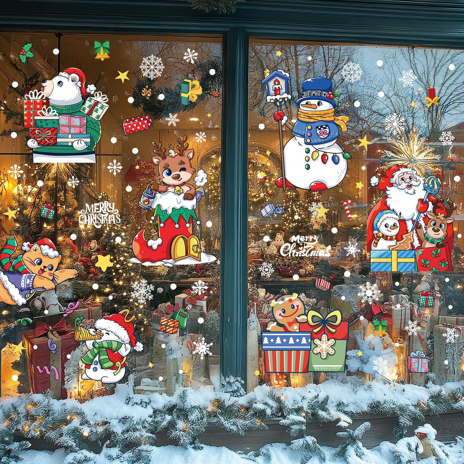 Joeyan 160Pcs Christmas Window Stickers, 6 Sheets Large Double-Side Reusable Window Clings Decals, Funny Santa Snowman Gingerbread Man Reindeer Polar Bear Scene Sticker for Xmas Window Decorations