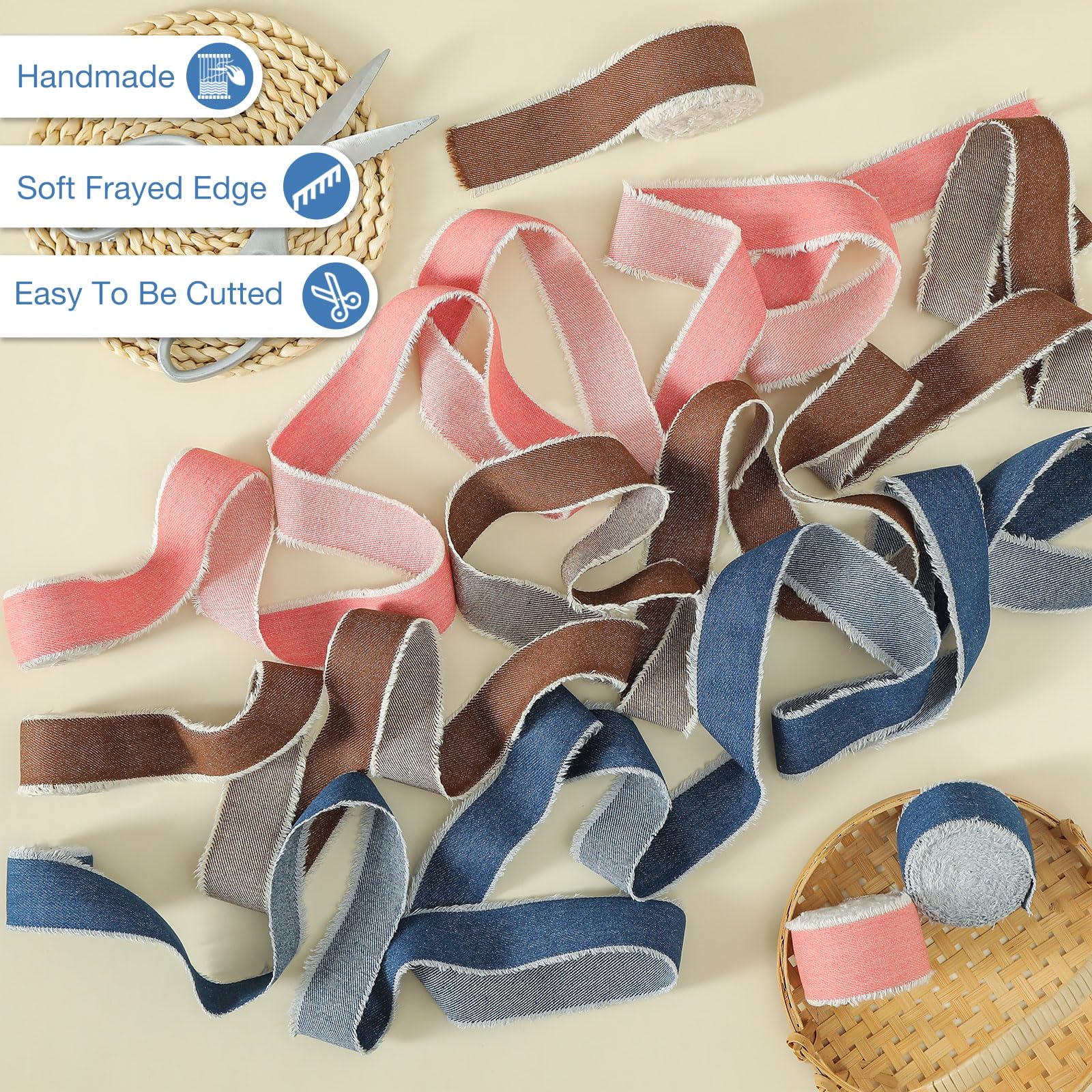 Pretty Jolly Pink Denim Ribbon for Gift Wrapping Handmade Rustic Frayed Cotton Fabric Ribbon for Flower Bouquet Total 15 Yards 1 1/2 Inch Ribbons for Crafts Hair Wedding Invitation Holiday Decor - Image 3