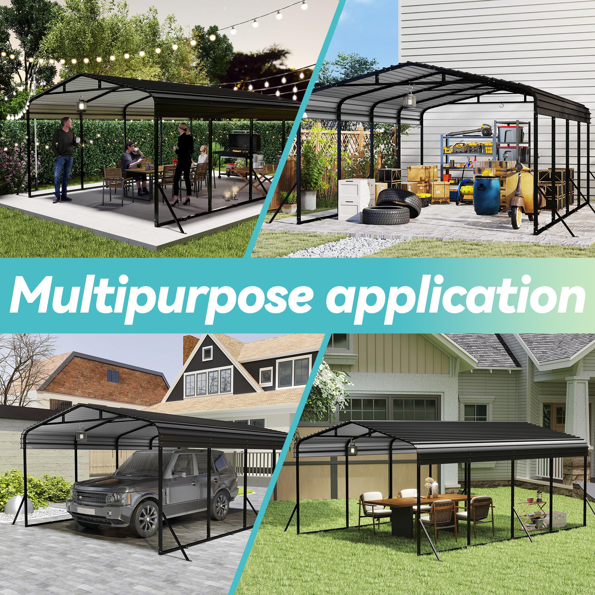 SUBTLETY Carport Aluminium 370x600 cm Fahrradgarage mit Farbige Stahlbleche Spitzdach Freistehender Shelter Winterfest UV-beständig Garagenzelt für PKW SUV Garten Outdoor