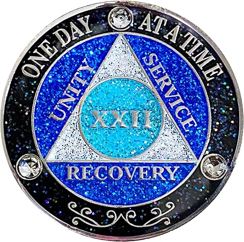 Vista 8 de (años 1-50) AA 17 años de cristales y medallón de purpurina, chapado en color plateado, arco iris negro, purpurina azul y tres cristales