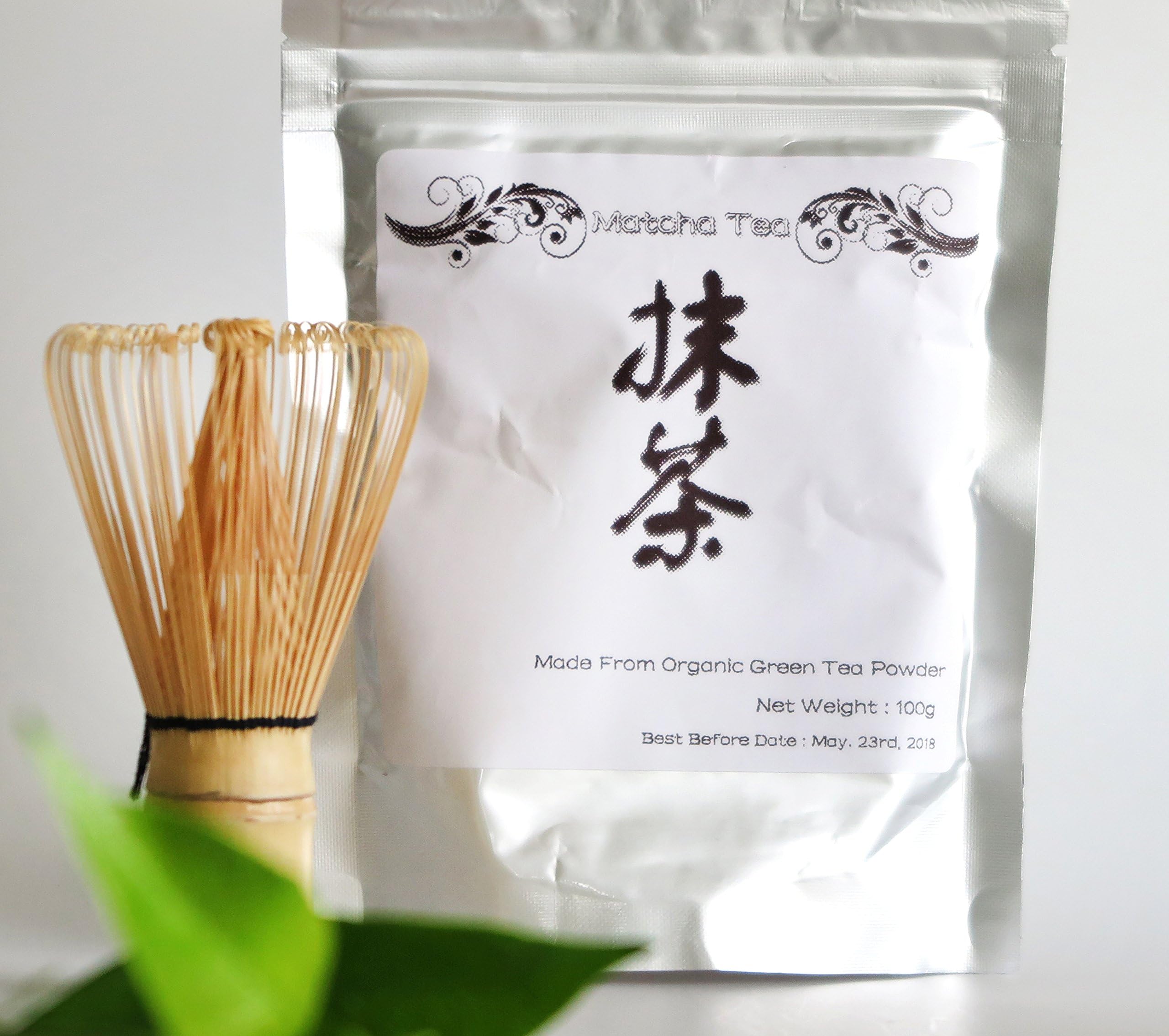 100% Pure Organic Natural Matcha Green Tea Powder with Free Traditional Chasen Bamboo Whisk - 100g Bag