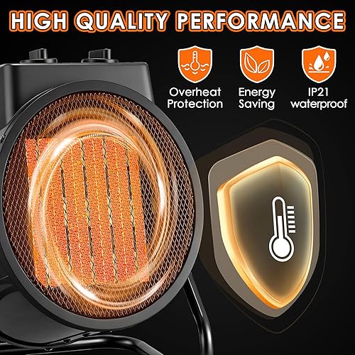 Miniatura 5 de Calentador eléctrico para uso en interiores, calentador de garaje portátil de calentamiento rápido de 1500 W con ángulo ajustable de 90, calentador