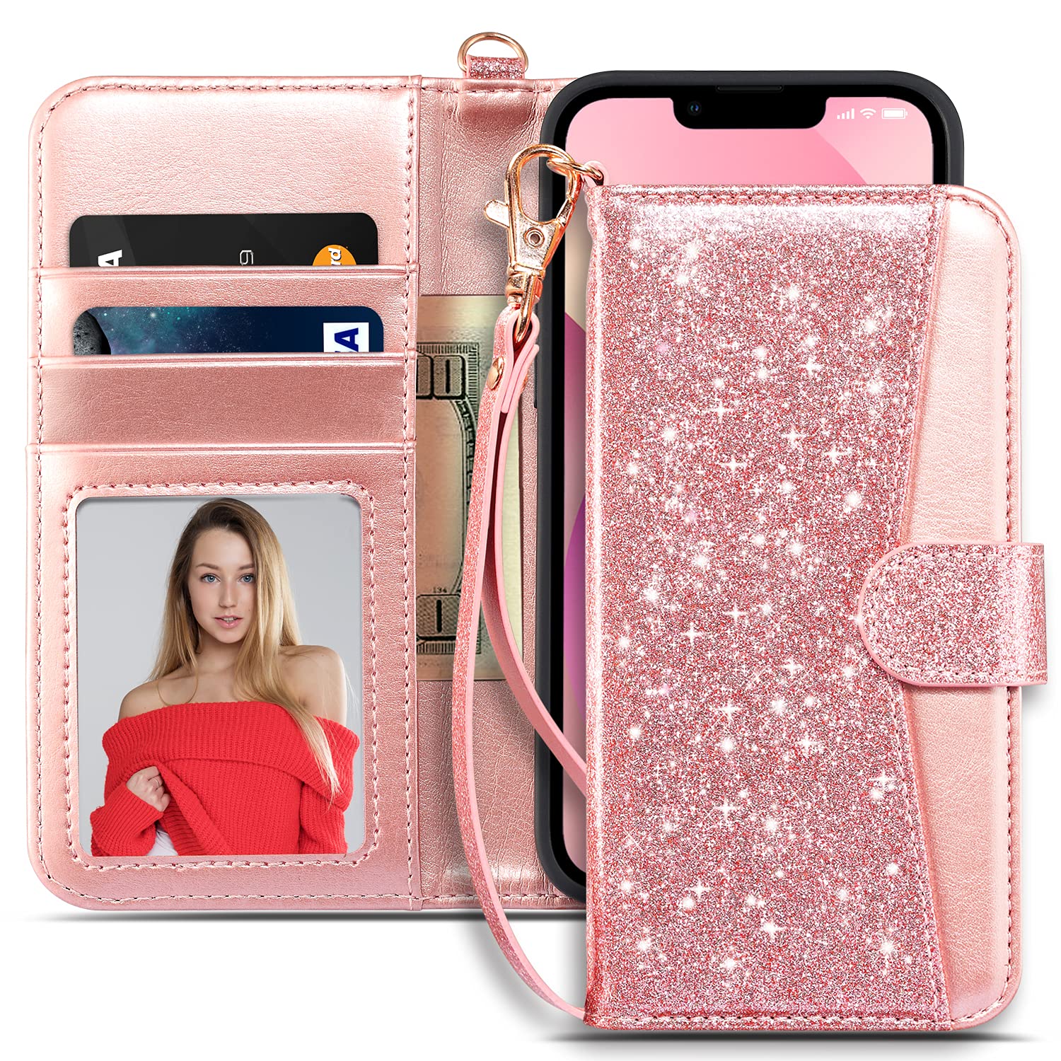 Coolwee Compatible iPhone 13 Wallet Case Flip Folio Cover with Card Slots Kickstand Design Wrist Strap Girls Women Glitter PU Leather Compatible with Apple iPhone 13 Shiny Sparkle Rose Gold Pink
