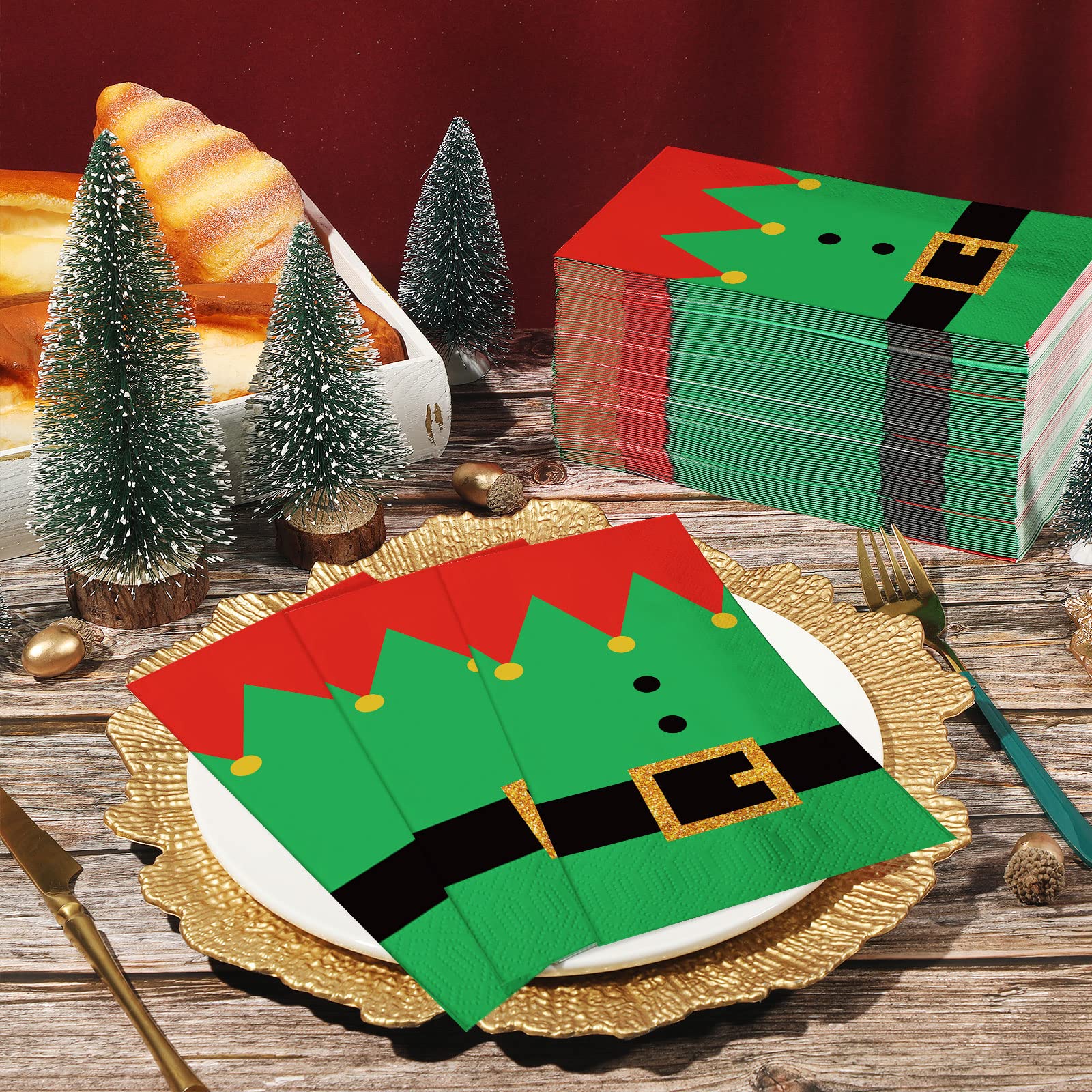 Lot de 200 serviettes de Noël jetables en papier 3 plis pour invités de Noël - Fournitures de fête d'hiver, décorations de table (style elfe)