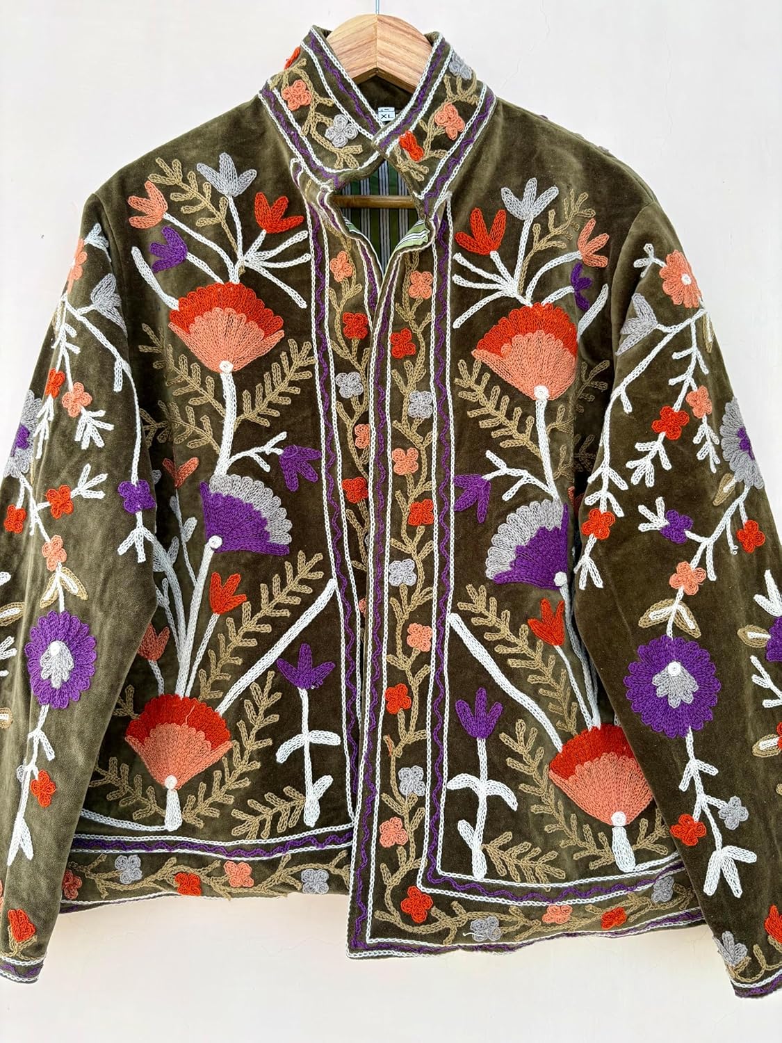 Embroidered Floral Jacket, Olive Green Velvet, Multicolor Flowers, Traditional Style, Long Sleeve