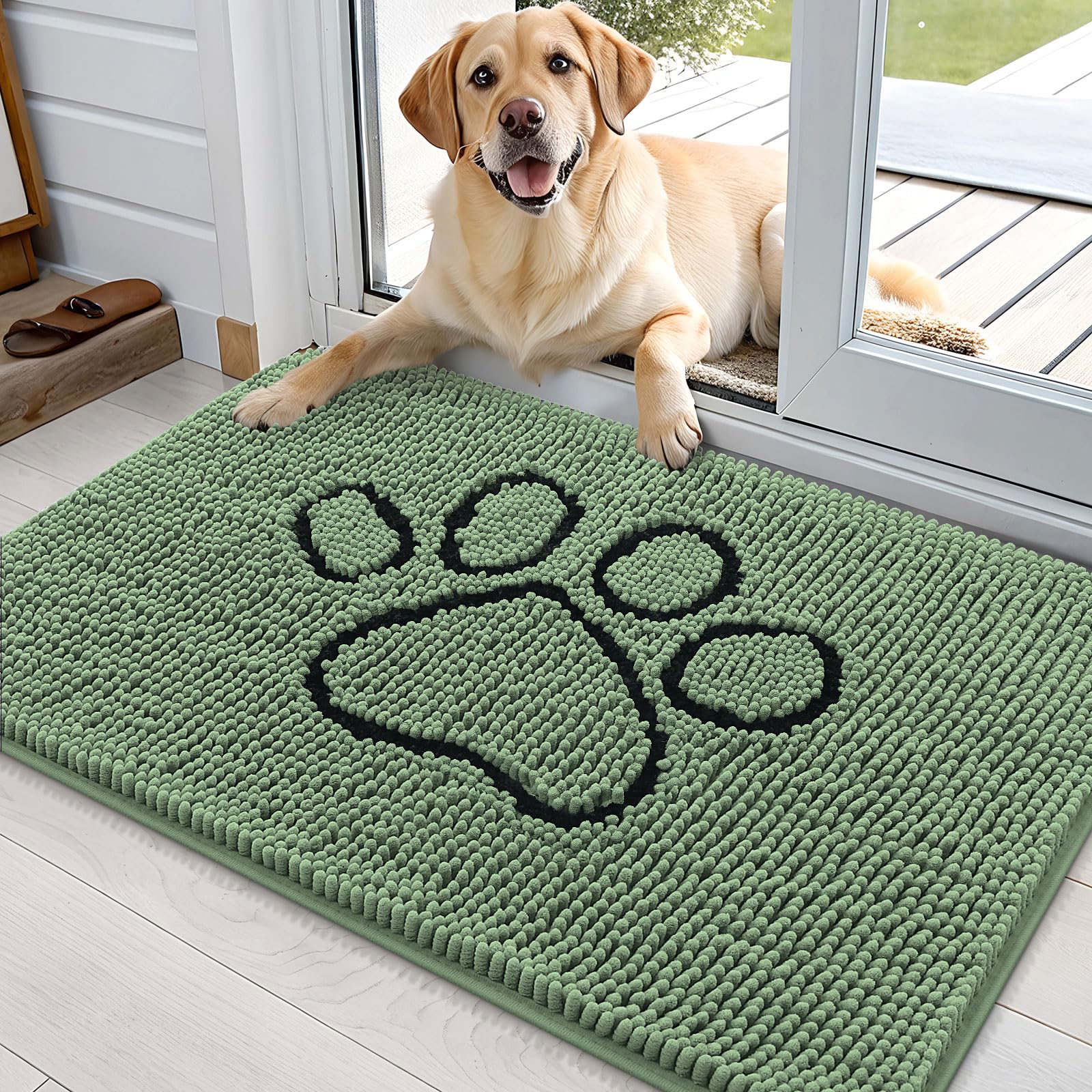 OLANLY Dog Door Mat for Muddy Paws 36x24, Paw Print Design Chenille Mud Mat