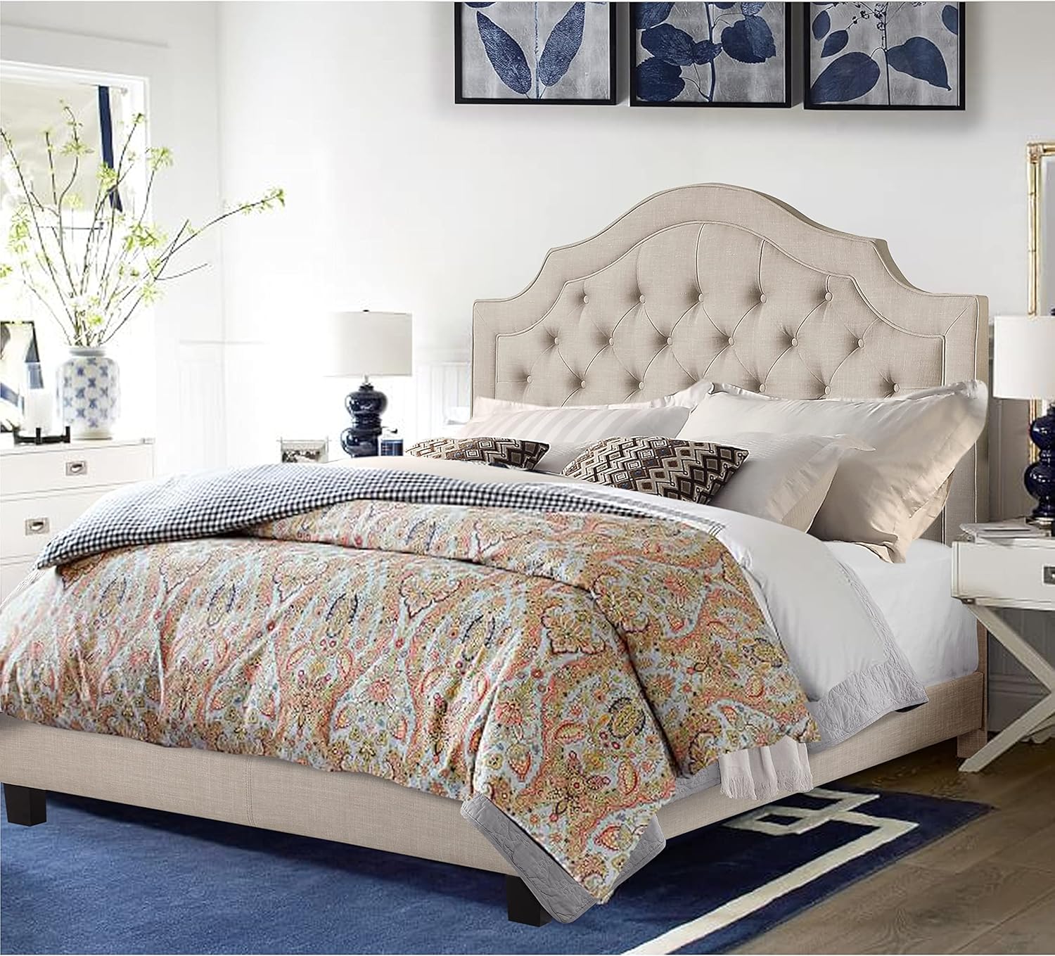 Rosevera Jardin Button Tufted Platform Bed Frame/Fabric Upholstered Bed Frame with Adjustable Headboard/Wood Slat Support, Twin, Sky Gray