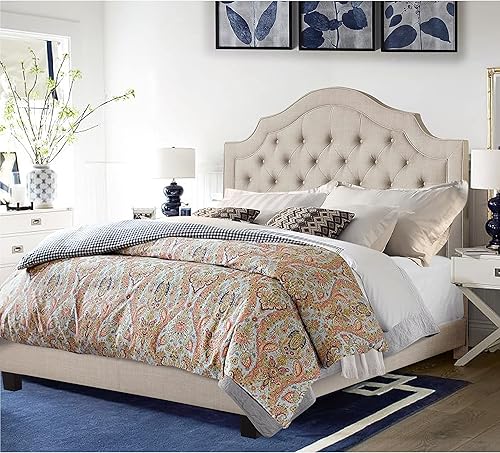 Miniatura 21 de Rosevera Jardin - Marco de cama con plataforma copetuda con botones, base de cama tapizada de tela con cabecera ajustable y soporte de listones de