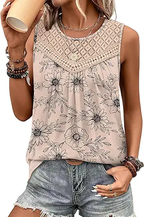 Women's Sleeveless Lace Crochet Boho Tank Top - Loose Fit Pleated Summer Tunic