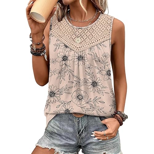 XIEERDUO Womens Tank Tops Sleeveless Lace Crochet Boho Tops Loose Fit Pleated Tunics Crewneck Summer Vacation Outfits Flowy