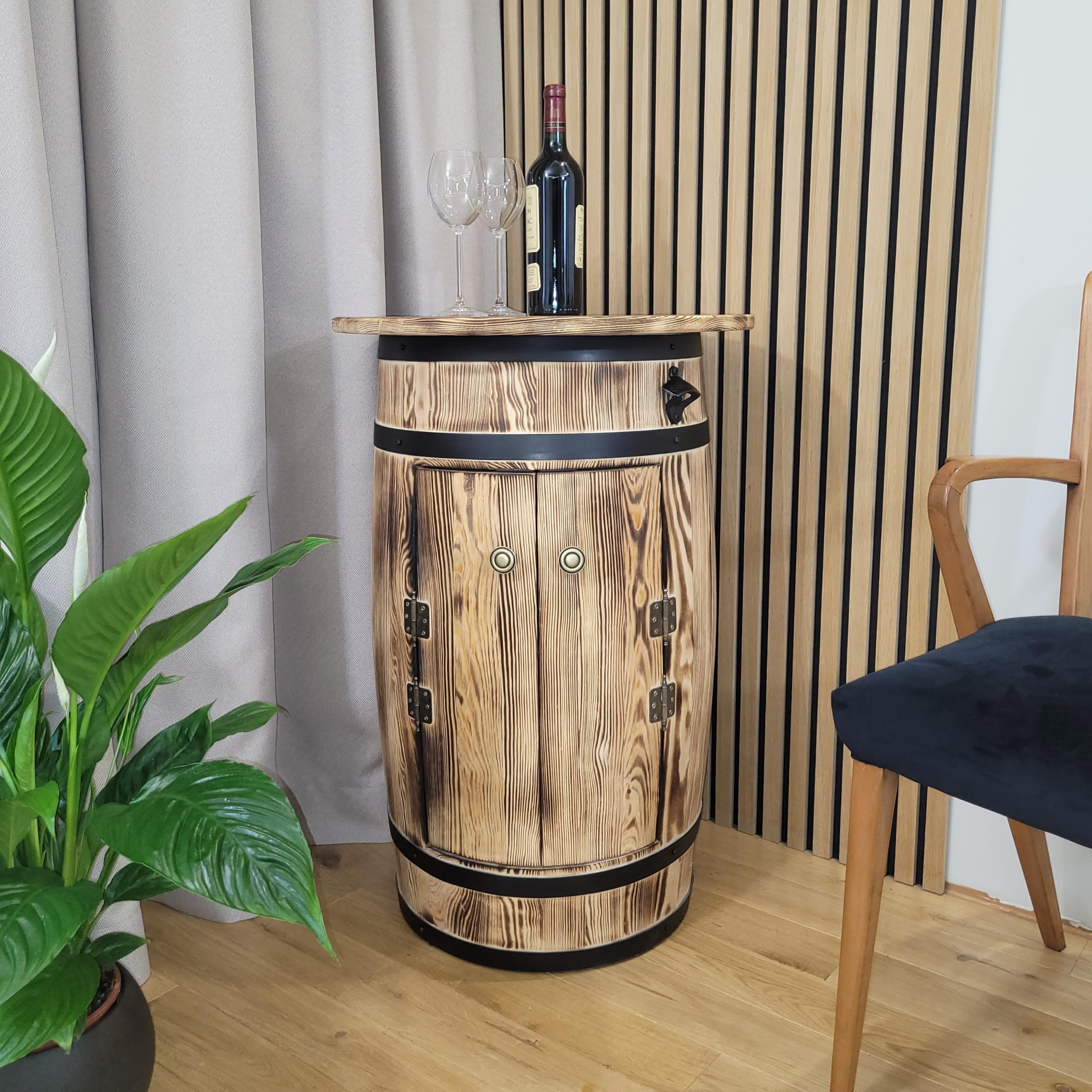 weeco Holzbar Fass mit RGB LED Ablage zur Aufbewahrung von Alkohol, Dekoratives Barschrank mit Regalböden und Türen, Weinregal für Wohnzimmer oder Küche, 80x55x44 cm
