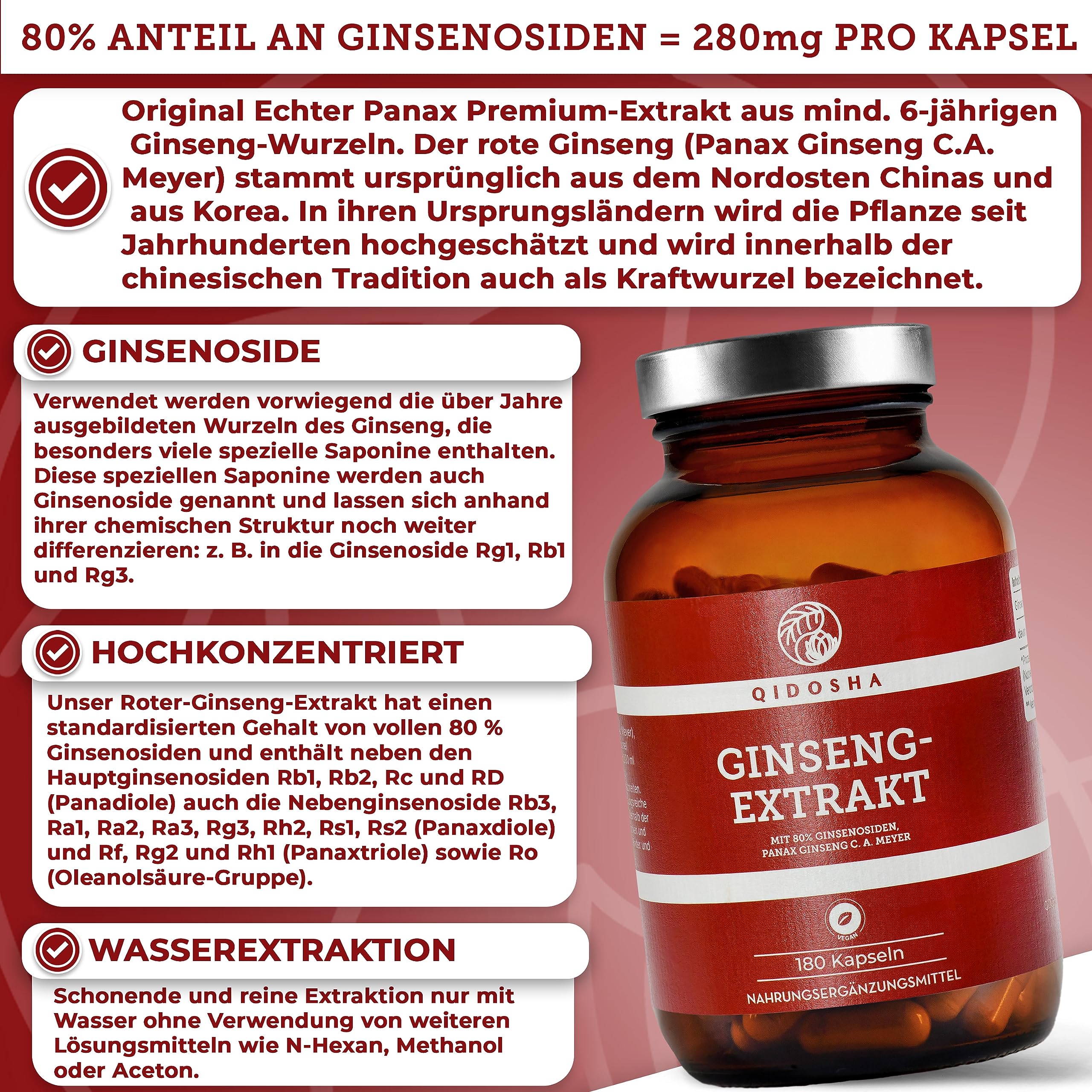 QIDOSHA® Ginseng Kapseln hochdosiert mit 80% Ginsenosiden, 180 Kapseln im Apothekerglas, original Roter Panax Ginseng C.A. Meyer, deutsche Fertigung, ohne Füllstoffe
