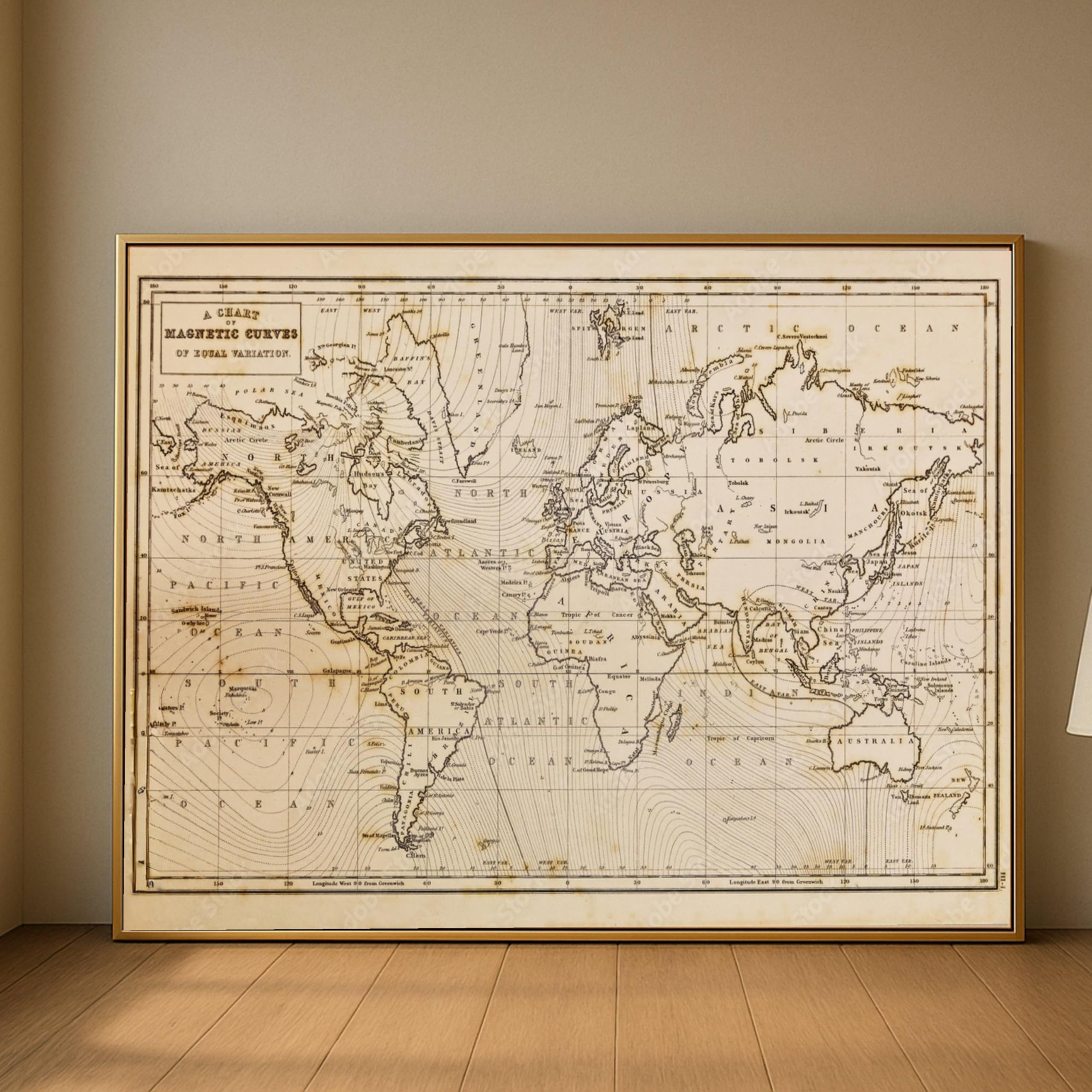 LMYCHENG Obraz na płótnie w stylu vintage, plakaty i wydruki z zakrzywioną mapą, klasyczna geograficzna sztuka ścienna, historyczna mapa artystyczna (50 x 75 cm/wewnętrzna rama)