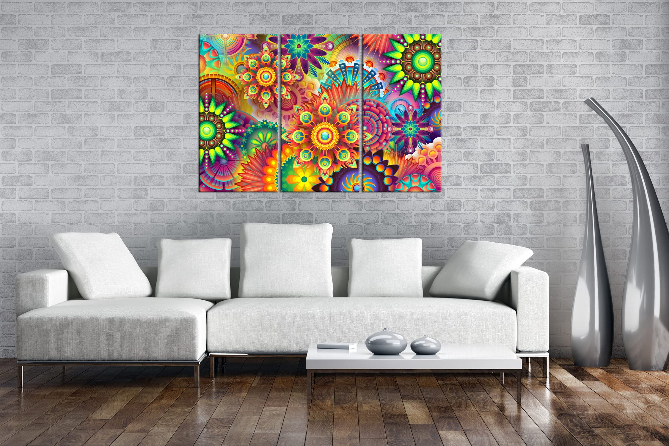 Mandala joyeux et coloré - Format : 3 pièces - Impression numérique de qualité supérieure - Pas d'affiche ou d'affiche.