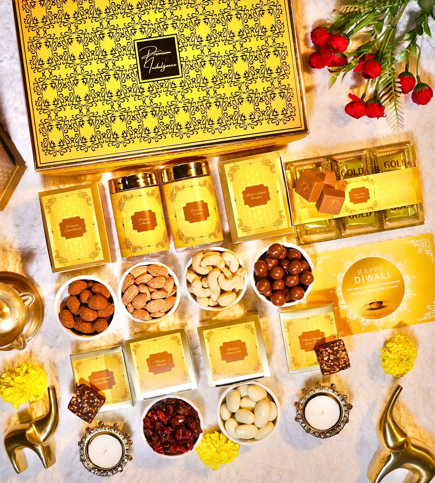 NutriSnacksBox Diwali Gift Hamper | Chocolates, Dry Fruits, Dates Bites, 2 Diyas with Tealights & Greeting Card | Festive Corporate Gift Box for Employees