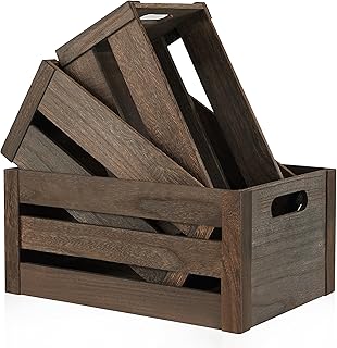 Wooden Crates 3 Pack, Nesting Handmade Wood Crates for Storage, No Insta...