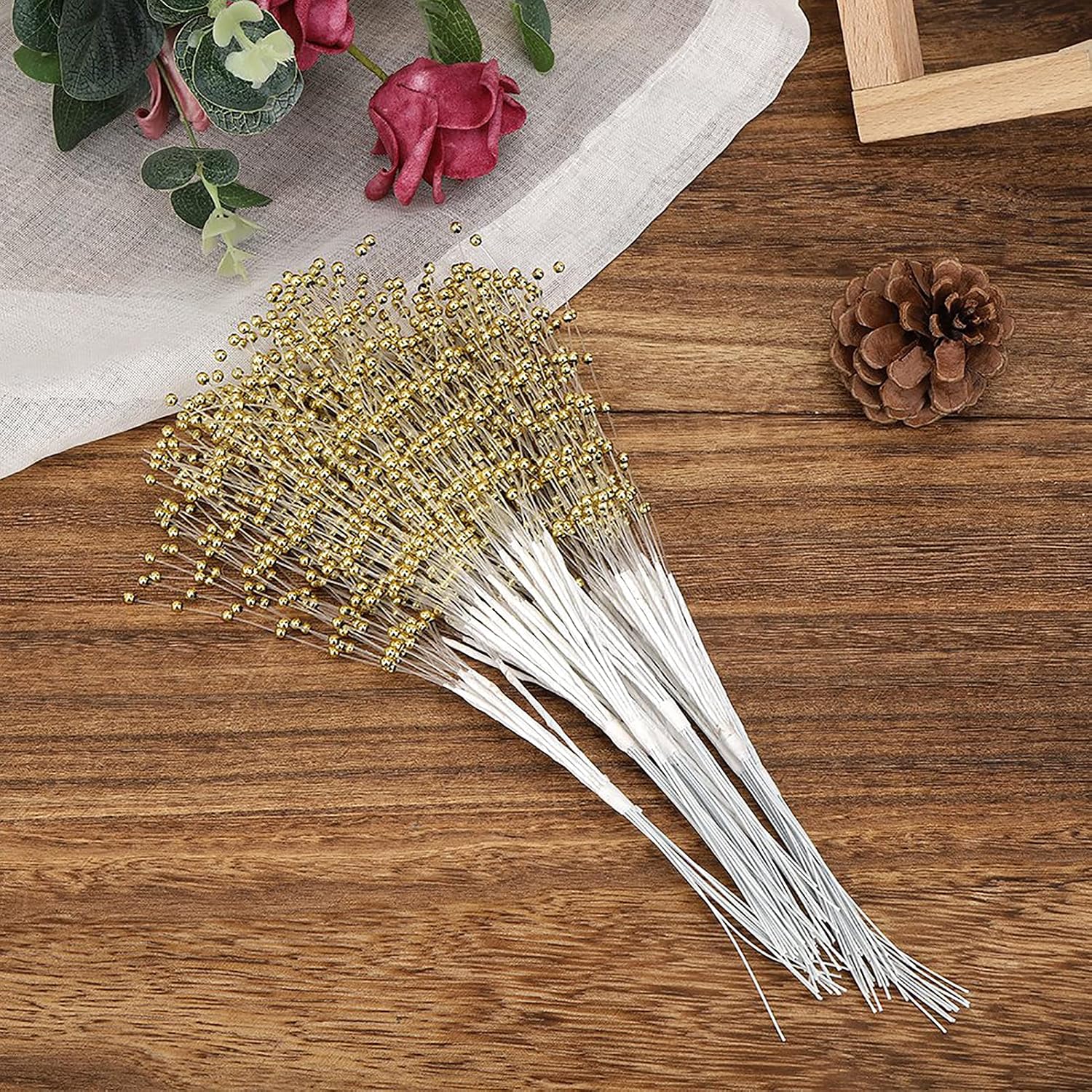 100 Pieces Silver Pearl Sticks,ABS Pearl Bead Stems, 9.8 Inch Pearl String for Bridal Bouquet Wedding Party Table Decor, DIY Craft Garland Corsage (Gold)