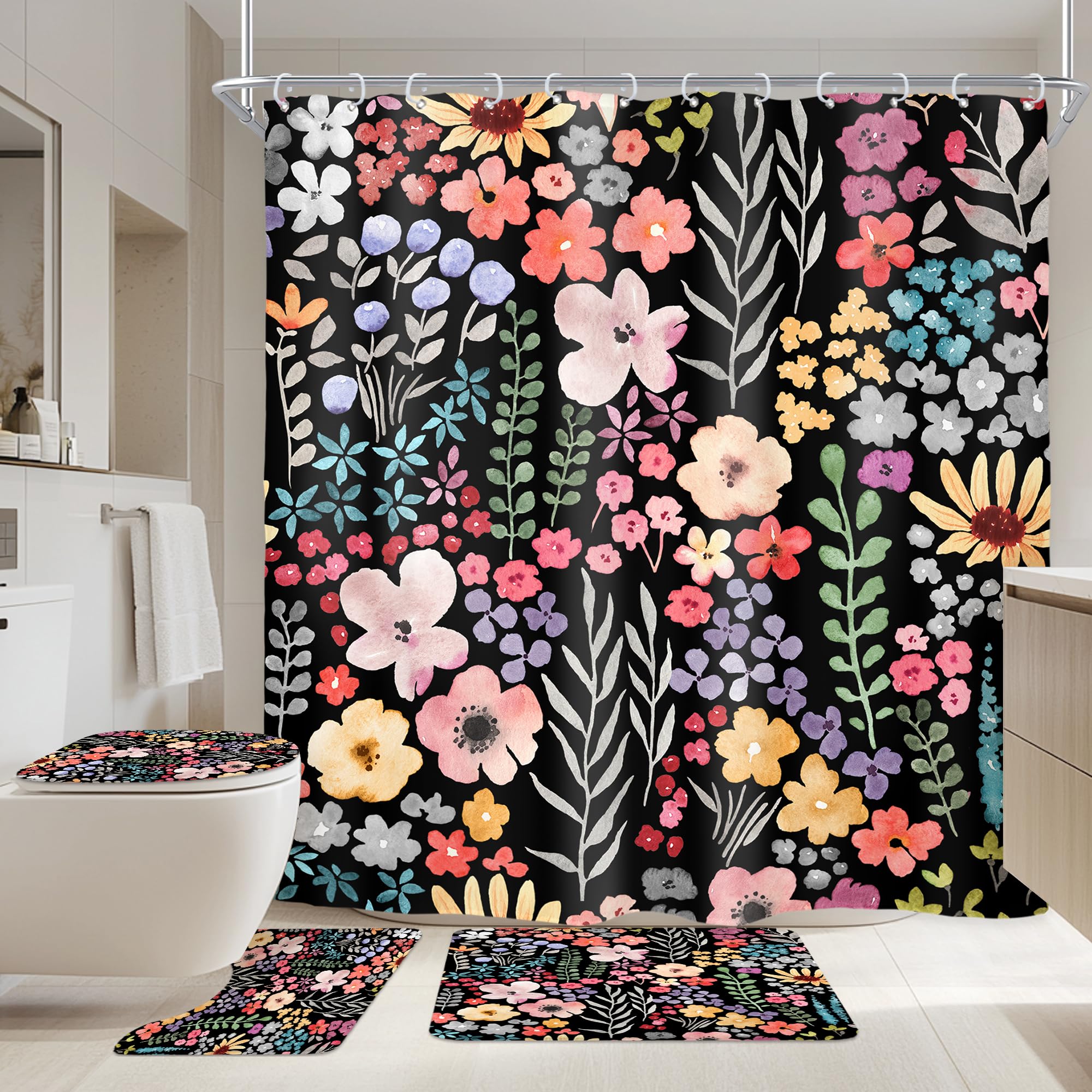 Riyidecor Floral 4Pcs Bathroom Shower Curtain Sets Watercolor Flower Spring Colorful Plant Bathroom Decor Set with Rugs and Accessories Green Leaves