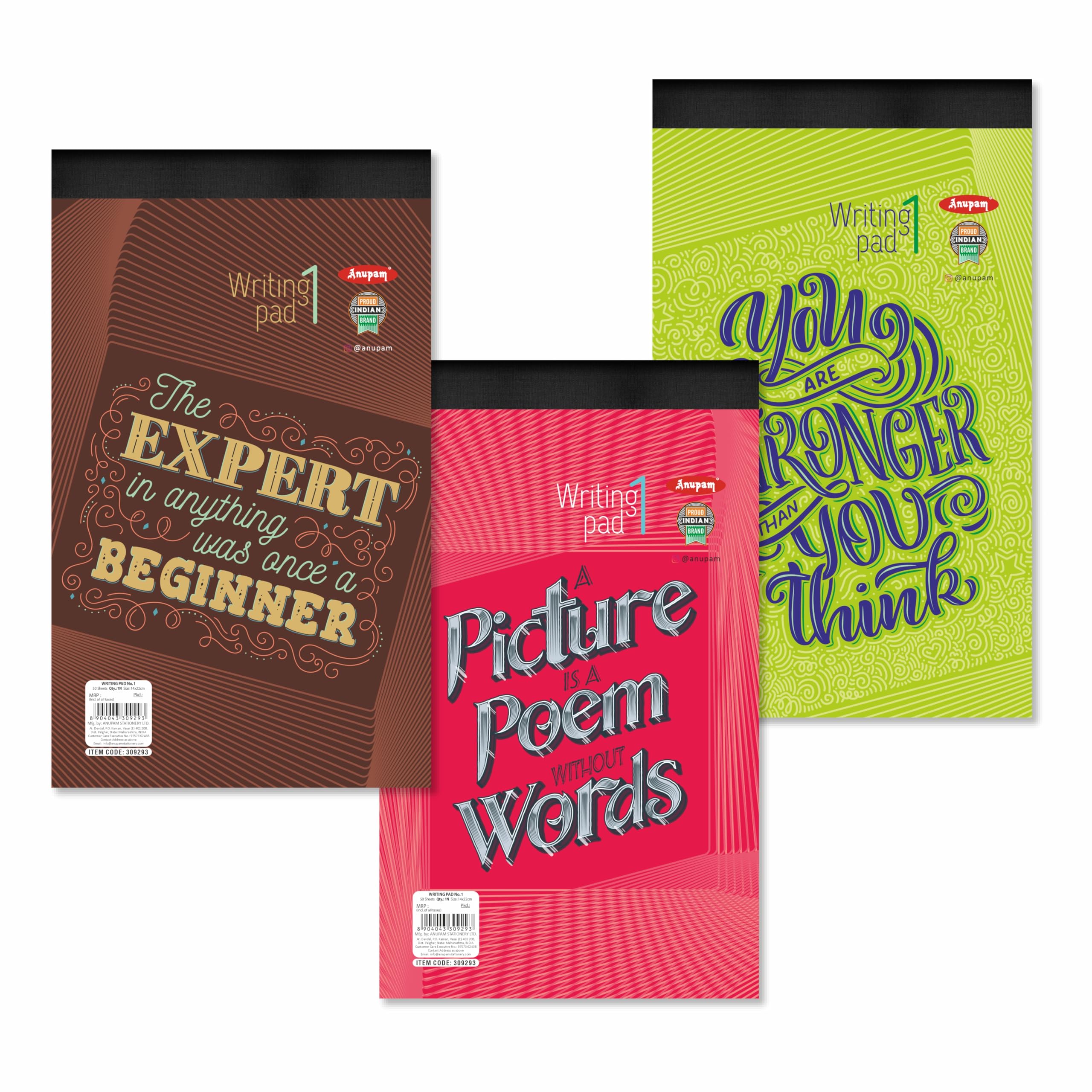 Anupam Writing Pad 11x14cm Lined Paper Wide Ruled 50 Sheets Notepads, Micro Perforated Notebook with Strong Rorust Material Back Board for School, College, Office, Business (Pack of 3)