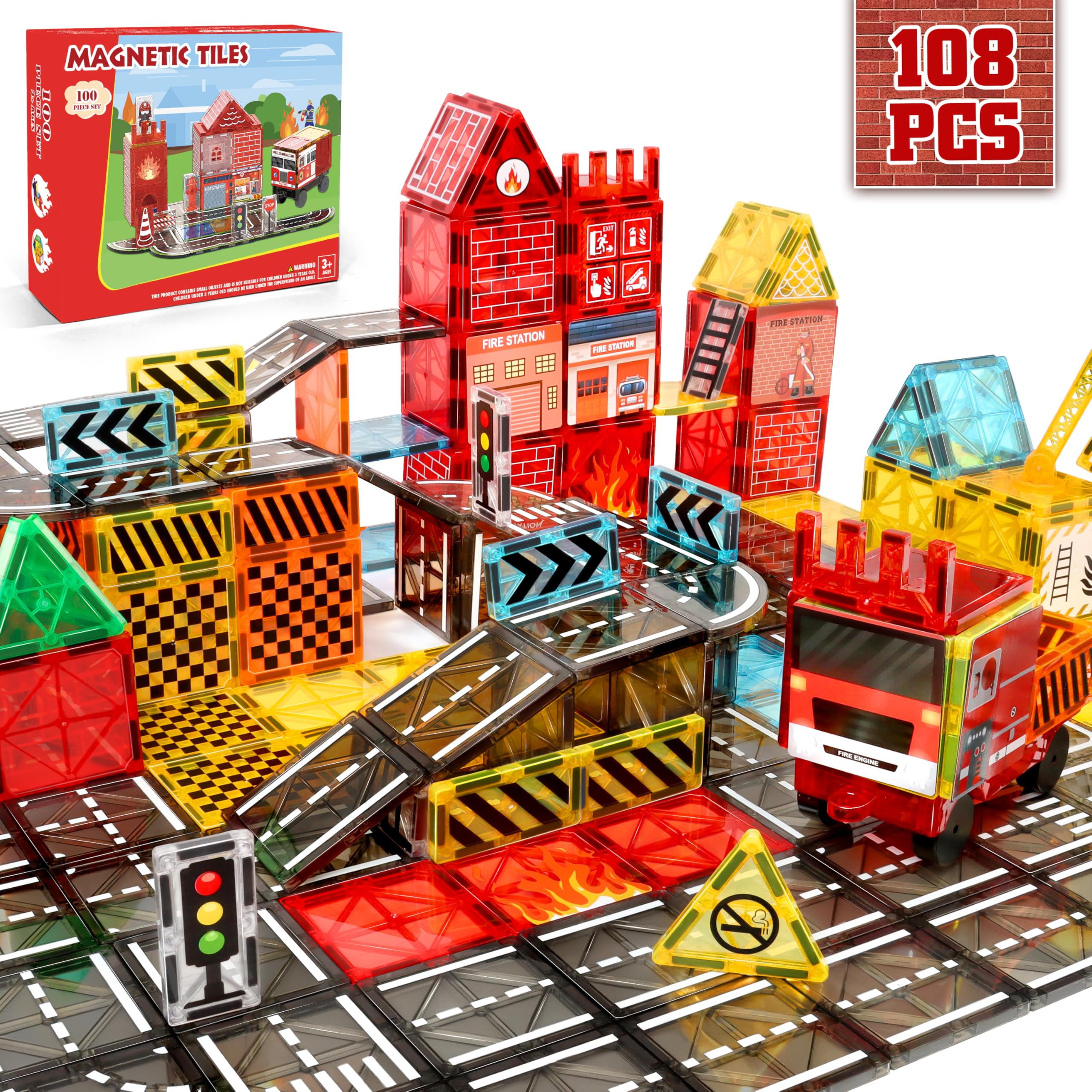 YOOHBERRYS Costruzioni Magnetiche Strada, Costruzioni Magnetiche per Bambini 100 pezzi con Camion dei Pompieri e Building, Tessere Magnetiche Blocchi Magnetici Giocattoli Tiles Magnetic 3 4 5 6 anni