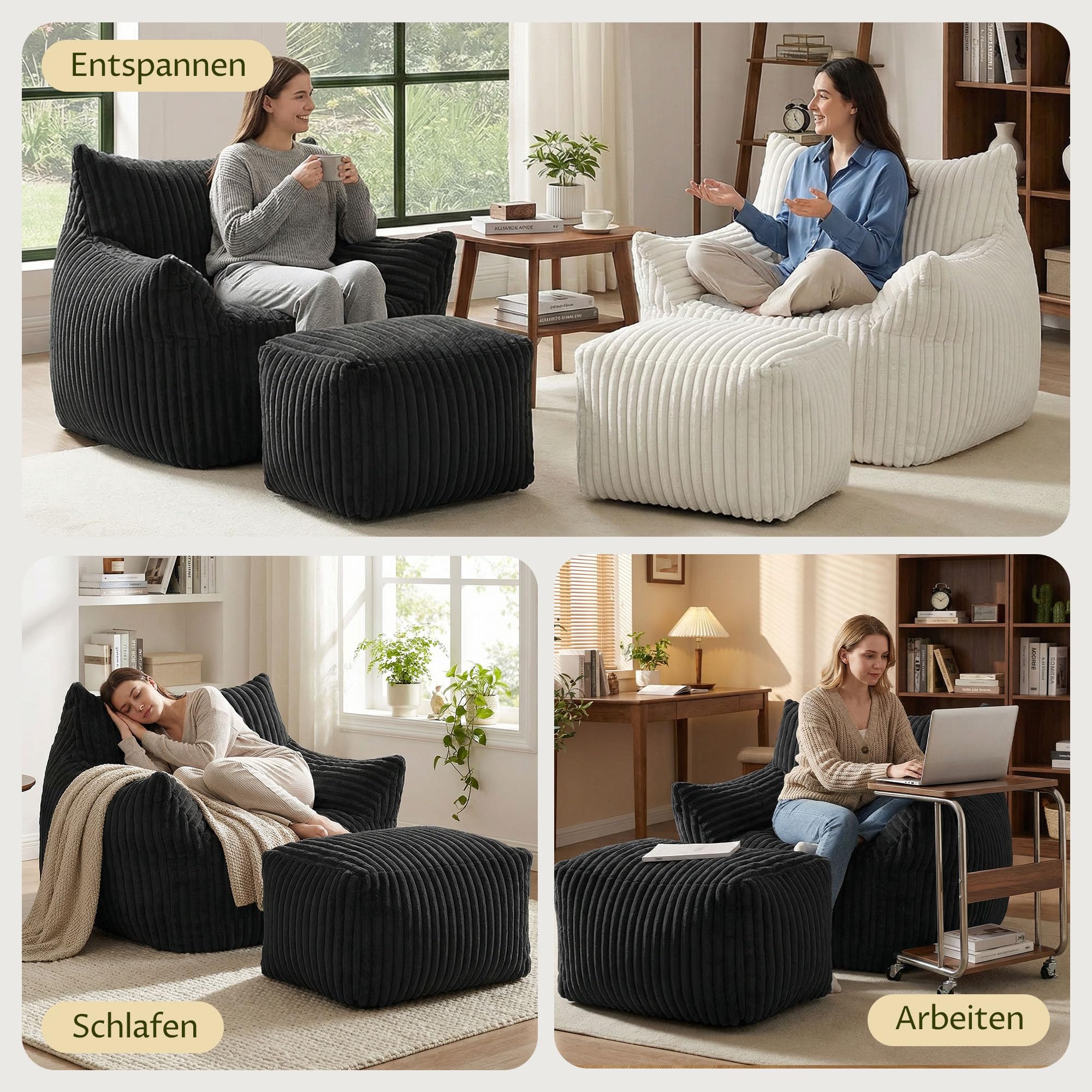 GRAVFORCE Schlafsofa mit Rückenlehne und Fußstütze, XXL Sitzsack Sessel mit Hocker für Erwachsene, Relaxsessel Lazy Sofa, Indoor-Sitzkissen für Schlafzimmer Wohnzimmer, Wintergarten Schwarz
