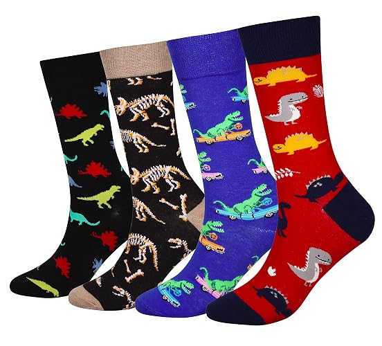 Cansok Men's Novelty Funny Happy Calf Dress Crew Socks - 40-44 - Multicolor - Dinosaur
