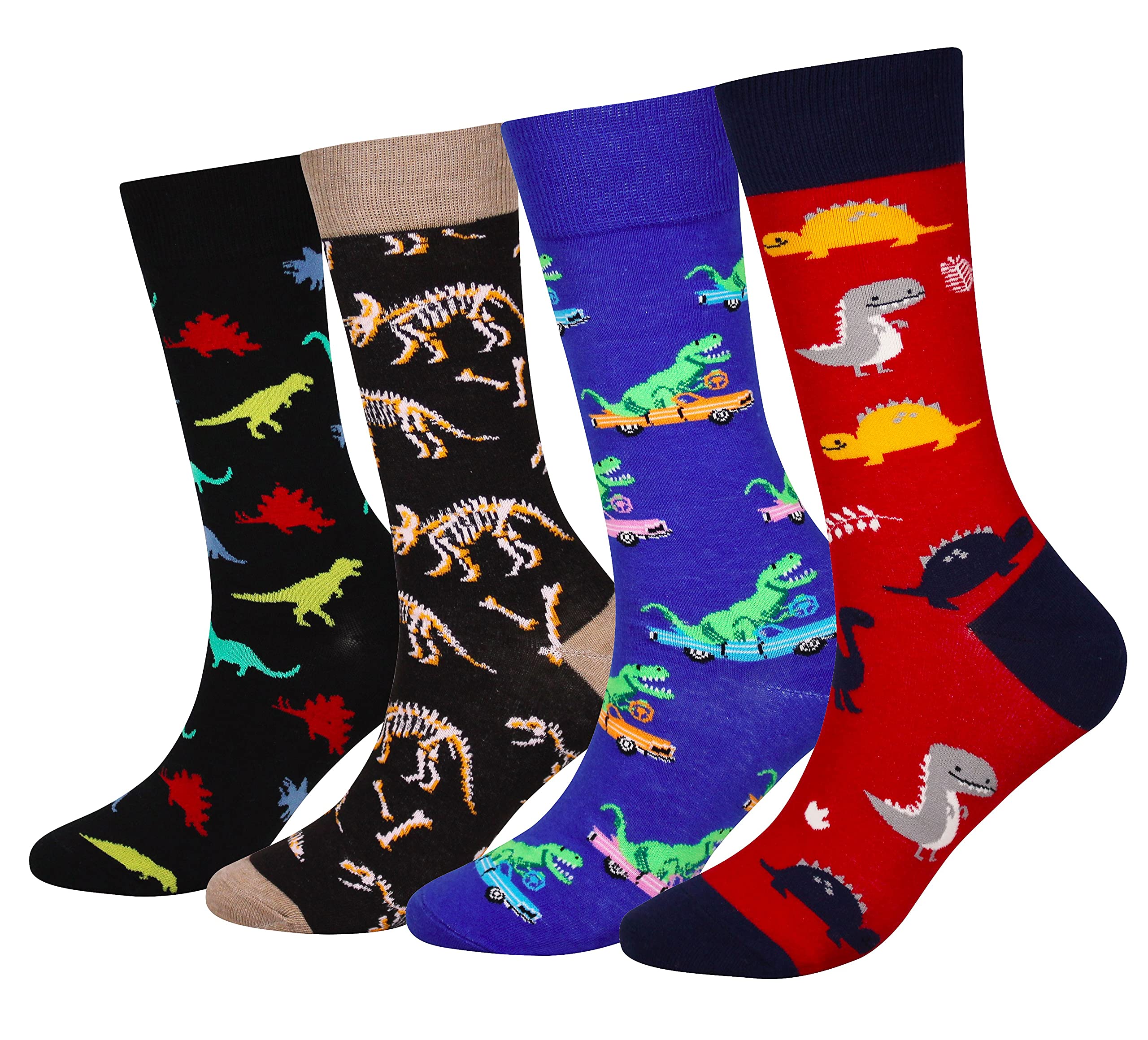 Cansok Men's Multicolor - Dinosaur Animal Funky Novelty Dress Crew Socks (Dinosaur - 4 Pairs)