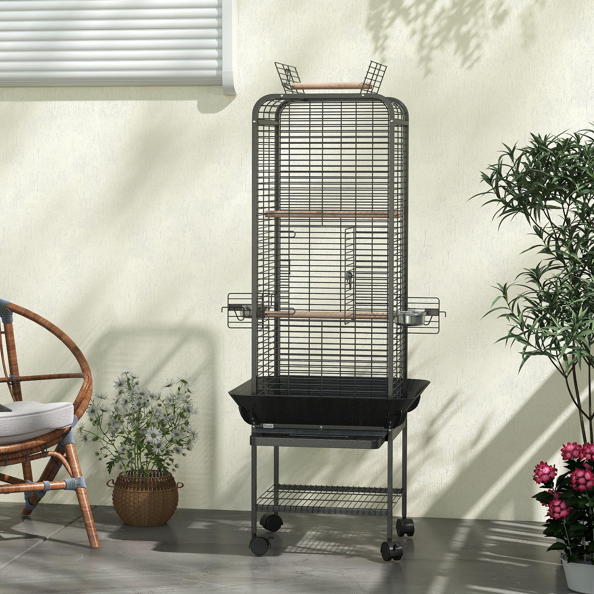 PawHut Jaula para Pájaros Jaula para Loros con Ruedas Perchas Comederos Estante y Bandeja Extraíble Pajarera para Cacatúas Cotorras 62,5x62,5x146 cm Gris Oscuro