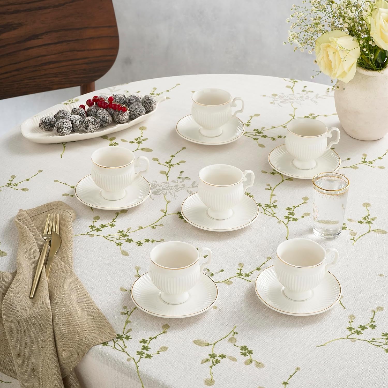 KARACA Malta 12-Piece Porcelain Espresso/Turkish Coffee Cup & Saucer Set 100 ml – Elegant White & Gold Design