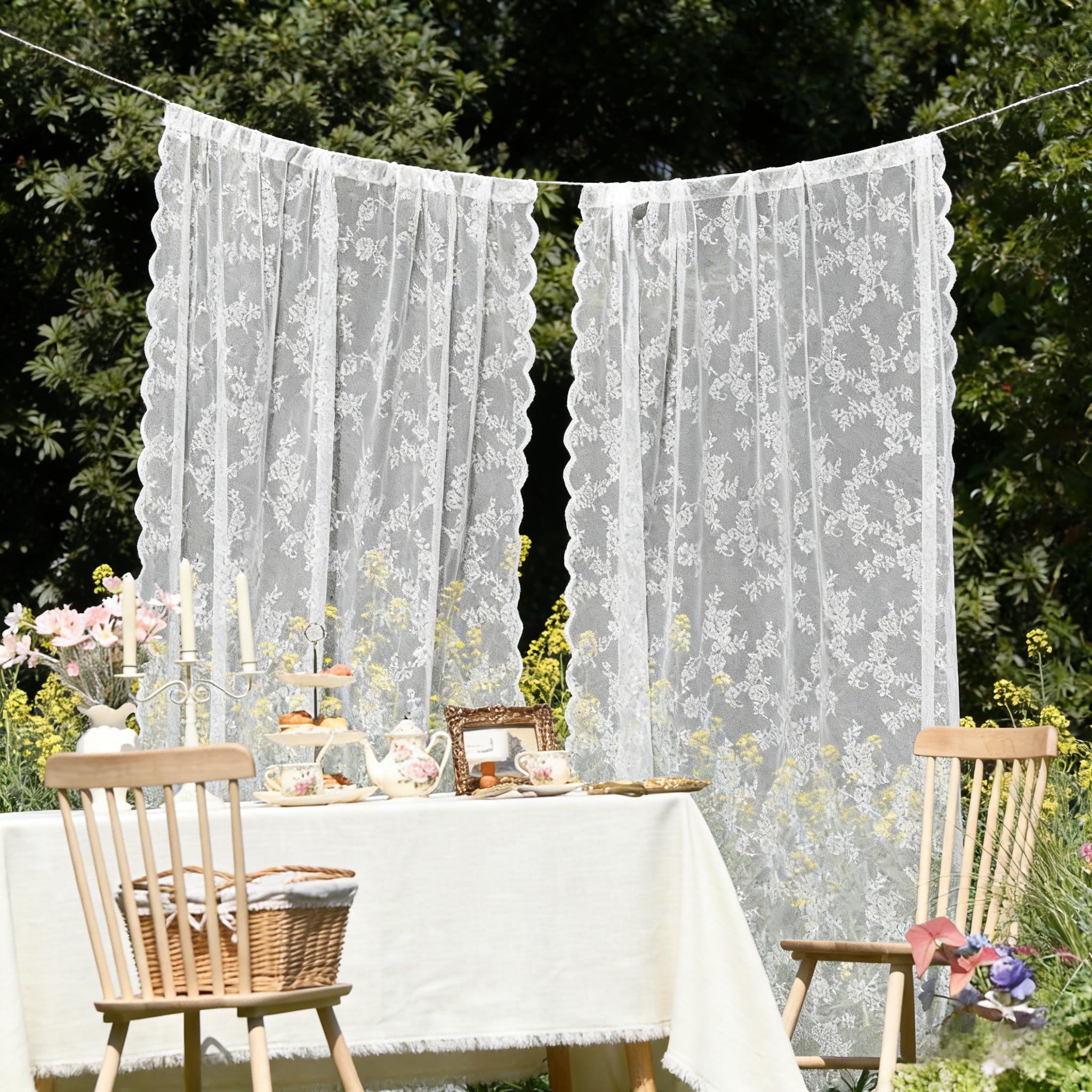 MINWEGI Floral Lace Curtains for Windows - Sheer Lightweight Net Curtains, 150x200cm, White, Polyester, Country Style Home Decor