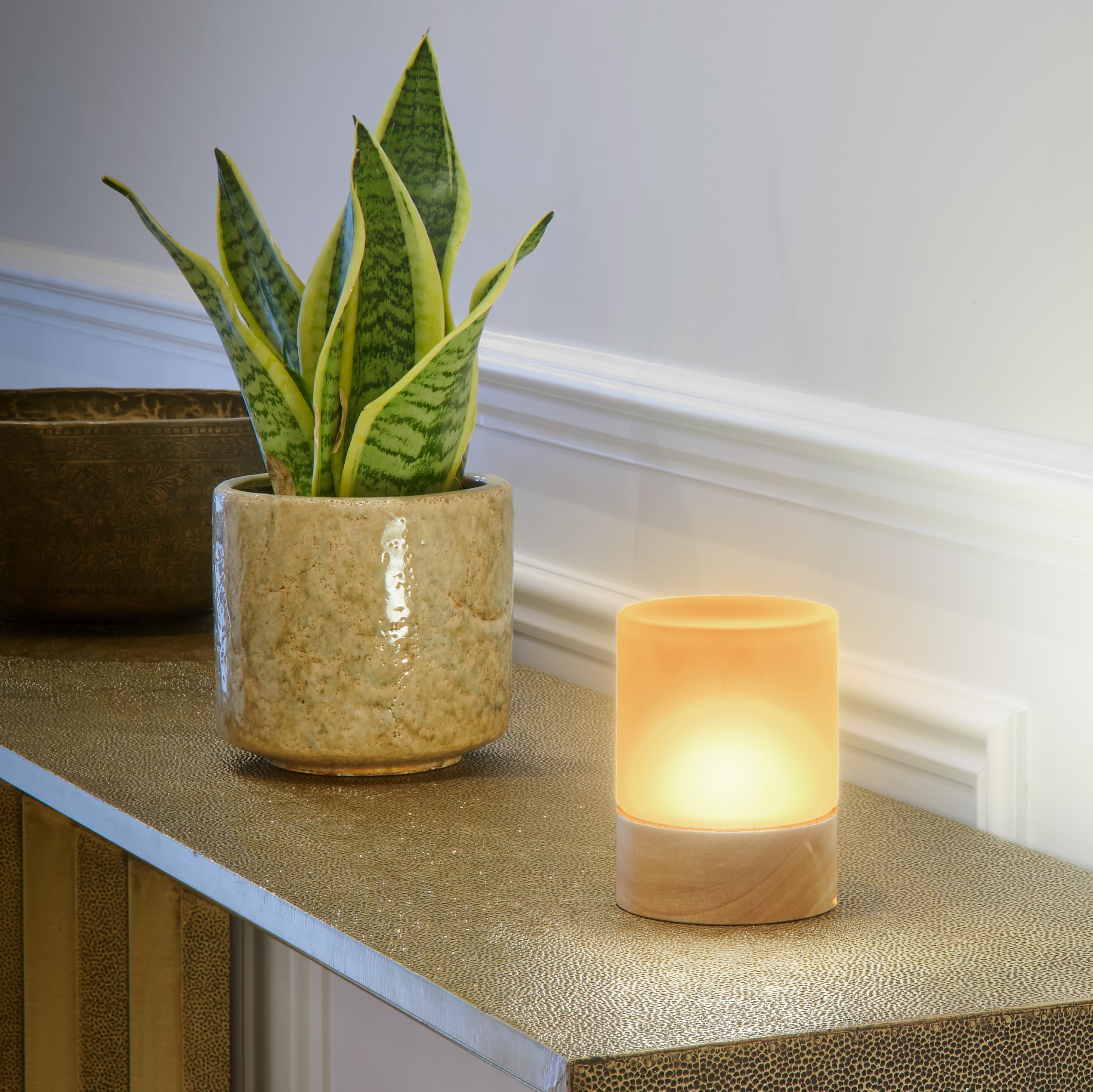 Omniance Elara Lámparas de Mesa Inalámbricas Pack de 2, 4 Fuentes de Luz | Recargable regulable cambio de color, diseño madera y cristal mate, USB-C, temporizador, para restaurante y hotel