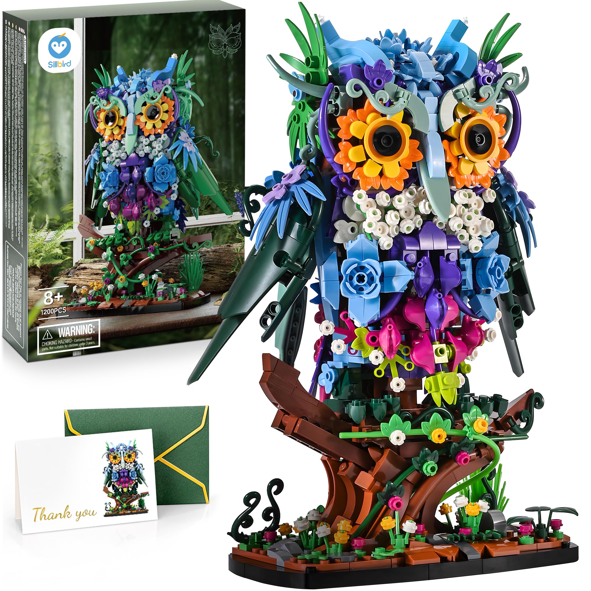 Sillbird Flower Owl Building Sets for Adults Halloween Creative Gift Ideas for Women Men Mom Her, Home Decor Display or Table Centerpieces - Buildable Floral Animals Botanical Model Collection