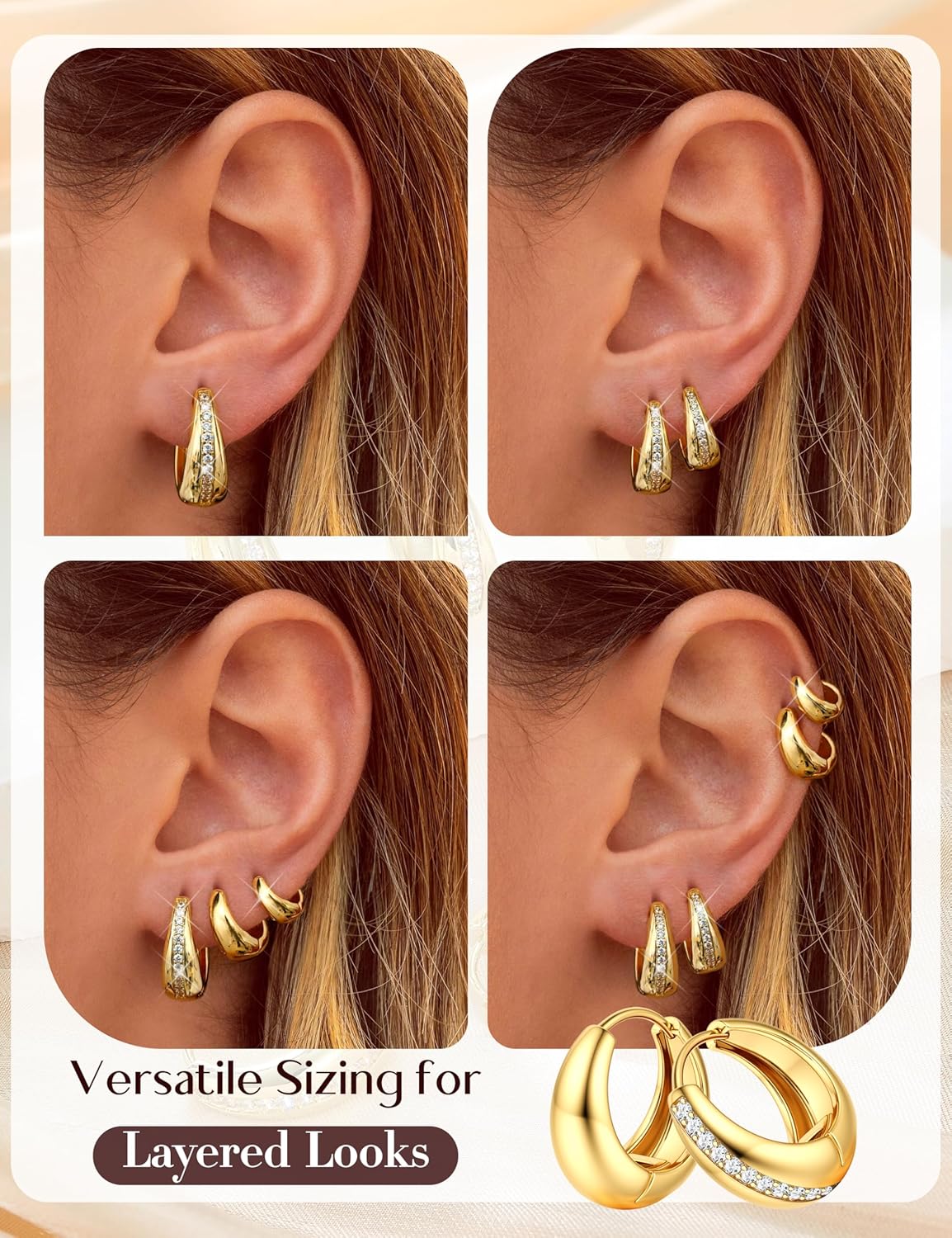 SAILIMUE 5 Pairs Small Hoop Earrings for Women Trendy 14K Gold Plated Earrings Cubic Zirconia Earring Set Hypoallergenic Huggie Hoops Chunky Earring Sets for Multiple Piercing - Image 5