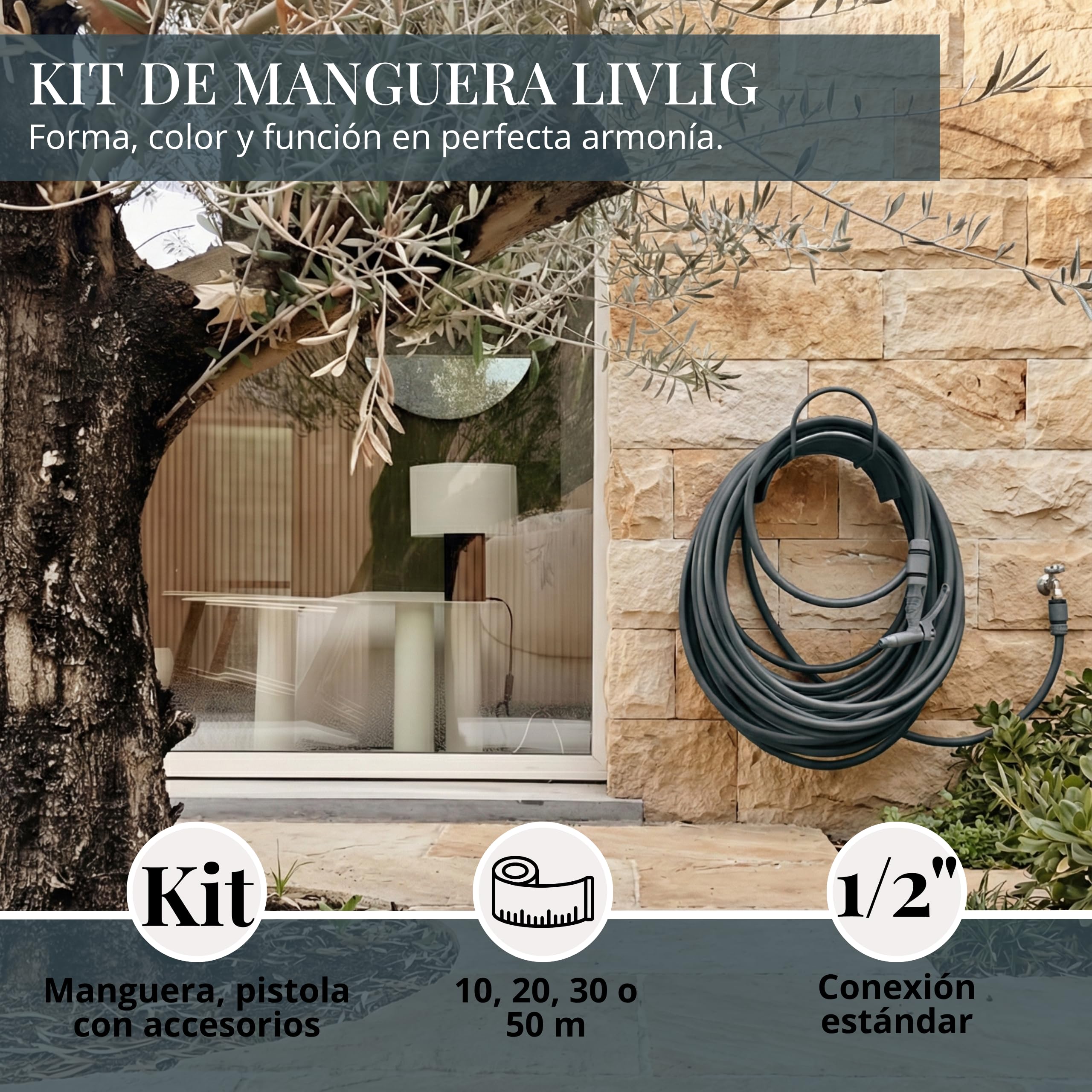 LIVLIG Set manguera 30 m 1/2" – tubo resistente a UV y anti‑torsión con pistola y conectores (G3/4, stop 1/2, rápido) – Antracita